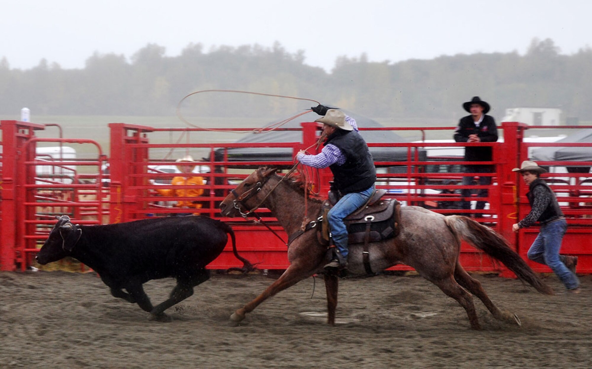 The Arctic Warrior Rodeo is held on Joint Base Elmendorf-Richardson, Alaska, Sept. 12 & 13. Service members were treated to multiple free events that included bull riding, tie-down roping, team roping, steer wrestling, saddle bronc riding, barrel racing, a petting zoo, pony rides and live country music. (U.S. Air Force photo/Maj. Angela Webb)