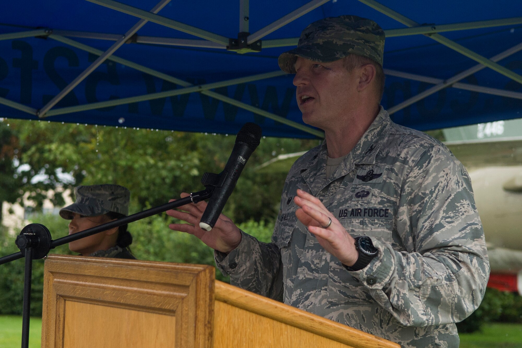 U.S. Air Force Col. Joe McFall, 52nd Fighter Wing commander, speaks during a wreath-laying ceremony at the prisoners-of-war/missing-in-action memorial at Spangdahlem Air Base, Germany, Sept. 16, 2015. McFall spoke about the base’s responsibility to remember and recognize those who have served our nation. Sept. 18 marks the national POW/MIA Remembrance Day. (U.S. Air Force photo by Airman 1st Class Luke Kitterman/Released)    