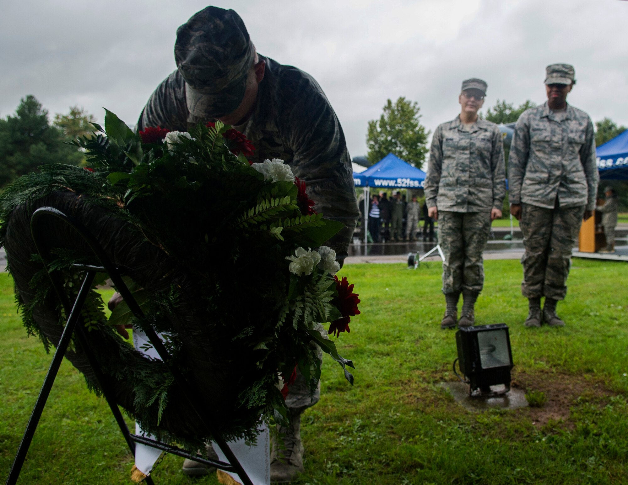U.S. Air Force Col. Joe McFall, 52nd Fighter Wing commander, lays a wreath during a wreath laying ceremony at the prisoners-of-war/missing-in-action memorial at Spangdahlem Air Base, Germany, Sept. 16, 2015. The ceremony is held every year to remember those who have served and been taken prisoner or have been listed as missing in action. Sept. 18 marks the national POW/MIA Remembrance Day. (U.S. Air Force photo by Airman 1st Class Luke Kitterman/Released)  