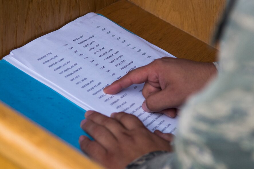 U.S. Air Force Airman 1st Class Emmanuel Rodriguez, a 52nd Civil Engineer Squadron water and fuels system maintenance technician, reads the names of previous prisoners-of-war and those who are currently missing-in-action before the start of a wreath-laying ceremony at the POW/MIA memorial on Spangdahlem Air Base, Germany, Sept. 16, 2015. Rodriguez read more than 80 names during his allotted time. Sept. 18 marks the national POW/MIA Remembrance Day. (U.S. Air Force photo by Airman 1st Class Luke Kitterman/Released)