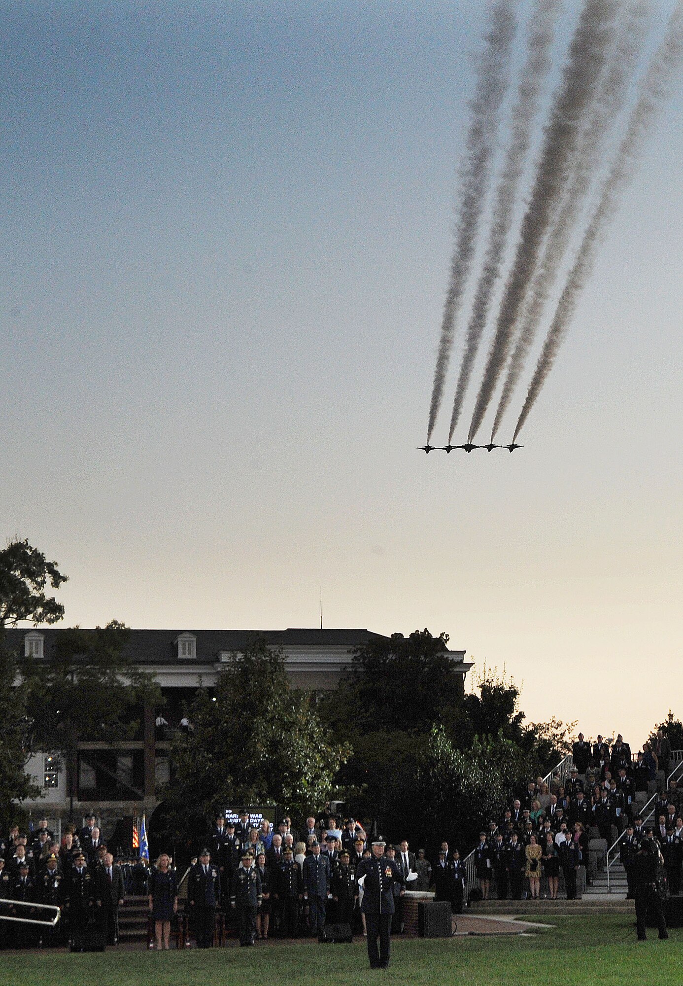 The Air Force Thunderbirds fly over the Ceremonial Lawn at Joint Base Anacostia-Bolling on Sept. 17, 2015. The Air Force District of Washington commemorated the United States Air Force's 68th birthday September 17, 2015 with a celebration of music, drill and ceremony, aircraft, and fireworks. (U.S. Air Force photo/Jim Lotz)