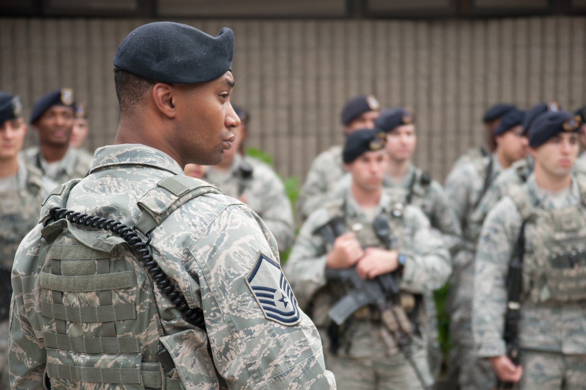 Master Sgt. Horace Coleman IV, 30th Security Forces Squadron flight chief, prepares Airmen for their next shift during guard mount, Sept. 14, 2015, Vandenberg Air Force Base, Calif. Coleman was announced as the 2015 Lance P. Sijan award winner for Air Force Space Command on Sept. 2, 2015. (U.S. Air Force photo by Michael Peterson)