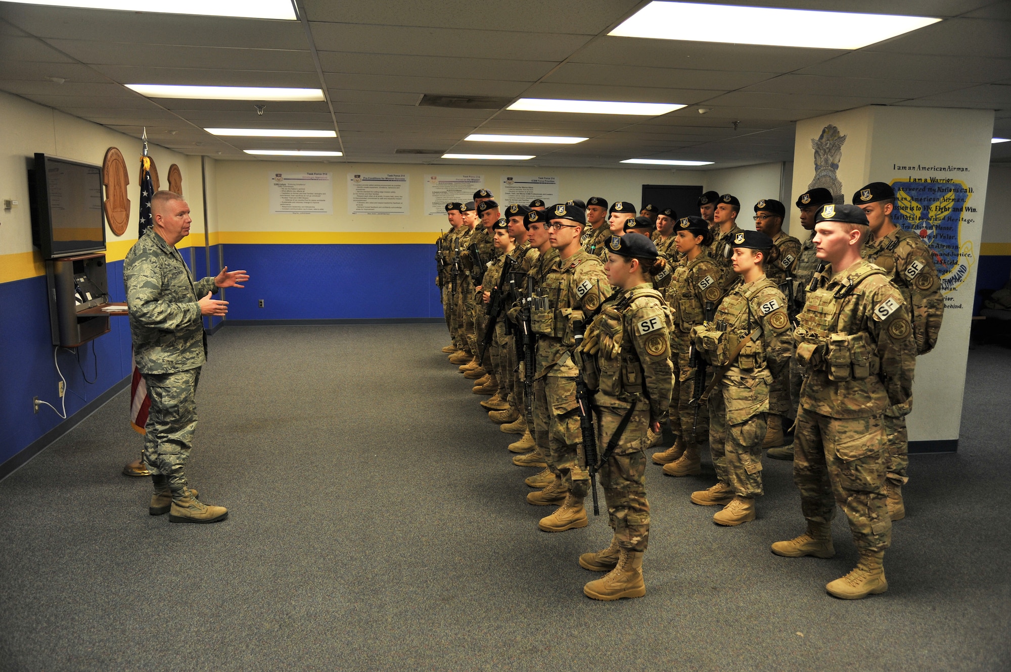 Col. Robert Frederiksen, 341st Security Forces Group commander, addresses SF Airmen during guard mount Sept. 17, 2015, at Malmstrom Air Force Base, Mont. One of Frederiksen’s priorities is to ensure that Airmen understand their role in national defense, and the importance of the job they do every single day. (U.S. Air Force photo/John Turner)