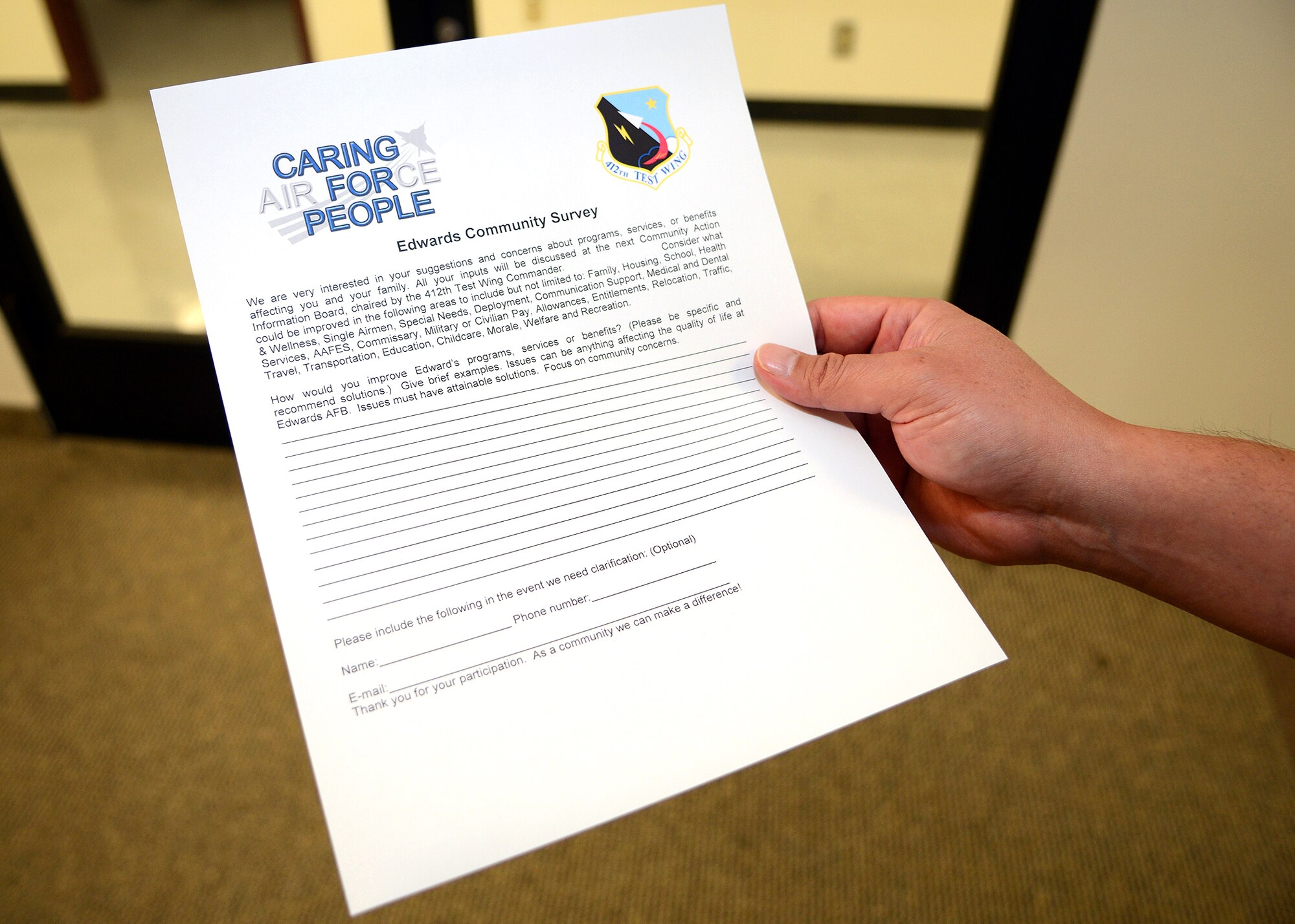 Until Oct. 31, the Edwards Community Survey will be available for the base community to fill out and turn in at select locations or e-mail completed surveys. (U.S. Air Force photo by Jet Fabara)