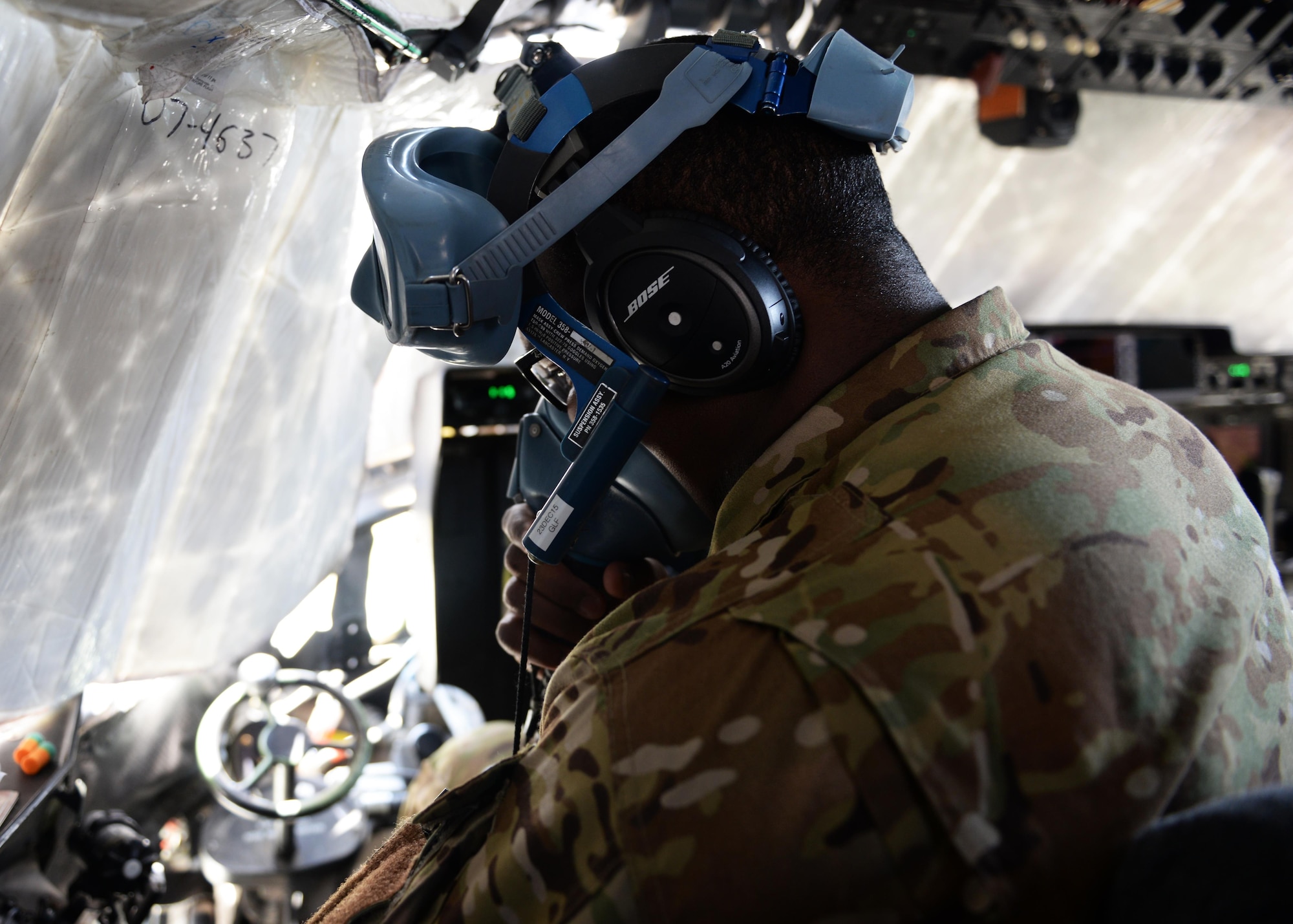 U.S. Air Force Capt. Boston McClain III, 774th Expeditionary Airlift Squadron C-130J Super Hercules pilot, tests his oxygen mask while getting ready for take-off Sep. 3, 2015, at Bagram Airfield, Afghanistan. McClain and his team, who are deployed from Little Rock Air Force Base, Arkansas, fly various combat missions throughout Afghanistan supporting missions ranging from medical evacuations to cargo and passenger transports. (U.S. Air Force photo by Senior Airman Cierra Presentado/Released)