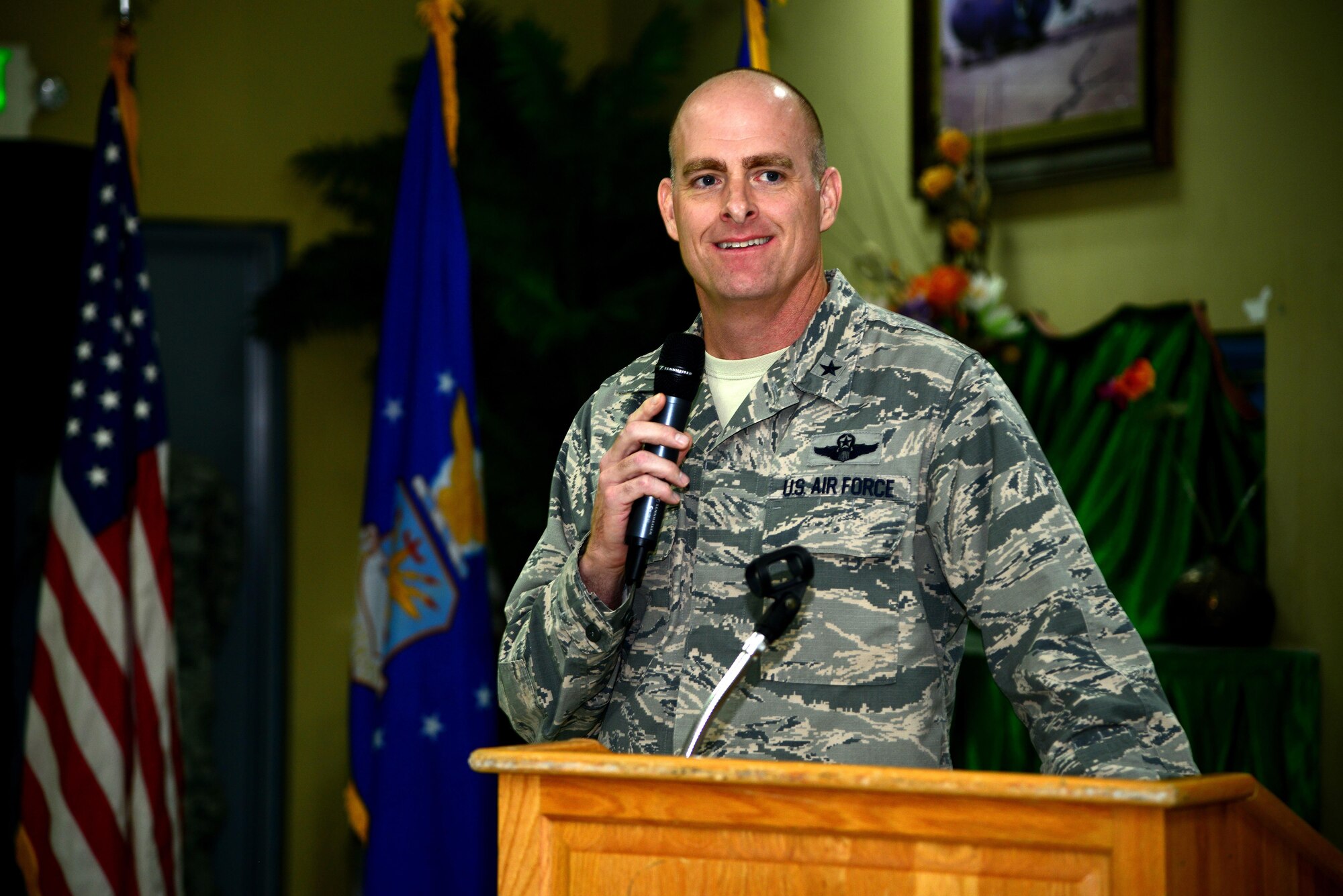 Brig. Gen. Darren James, 379th Air Expeditionary Wing commander, makes opening remarks to begin the cake cutting ceremony Sept. 18, 2015, at Al Udeid Air Base, Qatar. The cake cutting ceremony is traditionally performed by the oldest and youngest Airman. This year marks 68 years of military superiority through air power. (U.S. Air Force photo by Tech. Sgt. Rasheen Douglas)