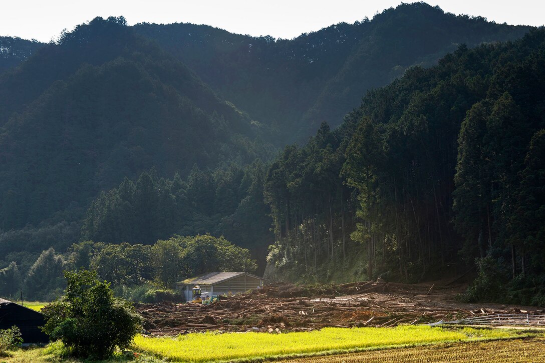 Destruction left behind from a landslide covers a local farmer's property at Kanuma City, Tochigi Prefecture, Japan, Sept. 15, 2015. After 10 consecutive days of rain, flooding and land slides damaged public and personal property throughout the prefecture. U.S. Air Force photo by Staff Sgt. Cody H. Ramirez 