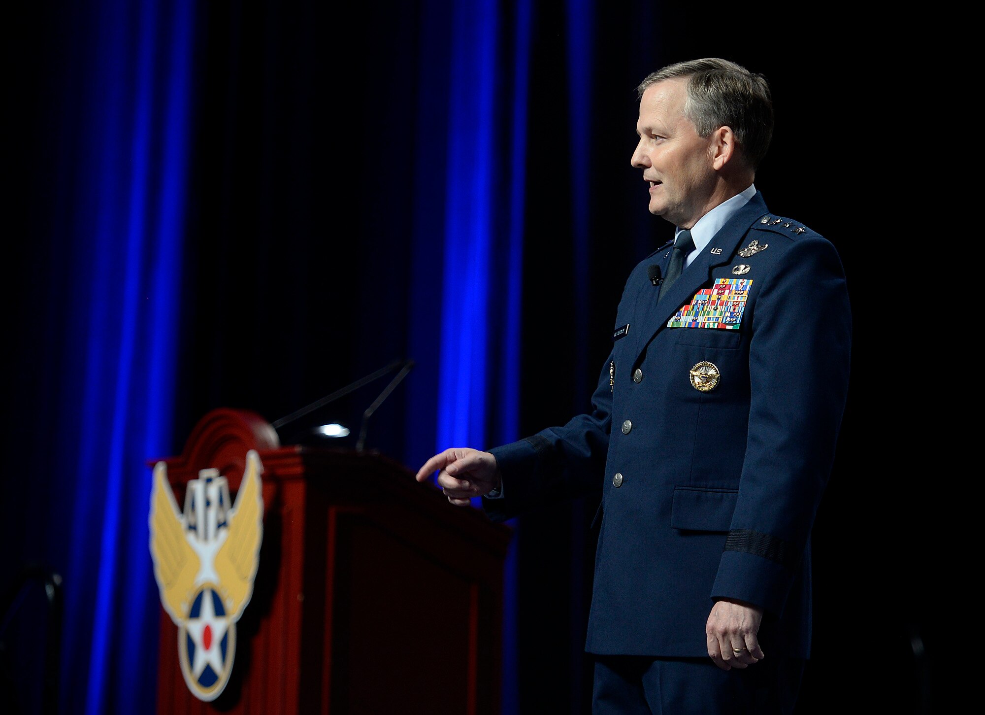 Air Force Assistant Vice Chief of Staff Lt. Gen. John W. Hesterman III answers questions during Air Force Association's Air and Space Conference and Technology Exposition, in Washington, D.C., Sept. 16, 2016.  During his comments, he focused on Airman performing operations related to Iraq and Syria.  (U.S. Air Force photo/Tech. Sgt. Joshua L. DeMotts)
