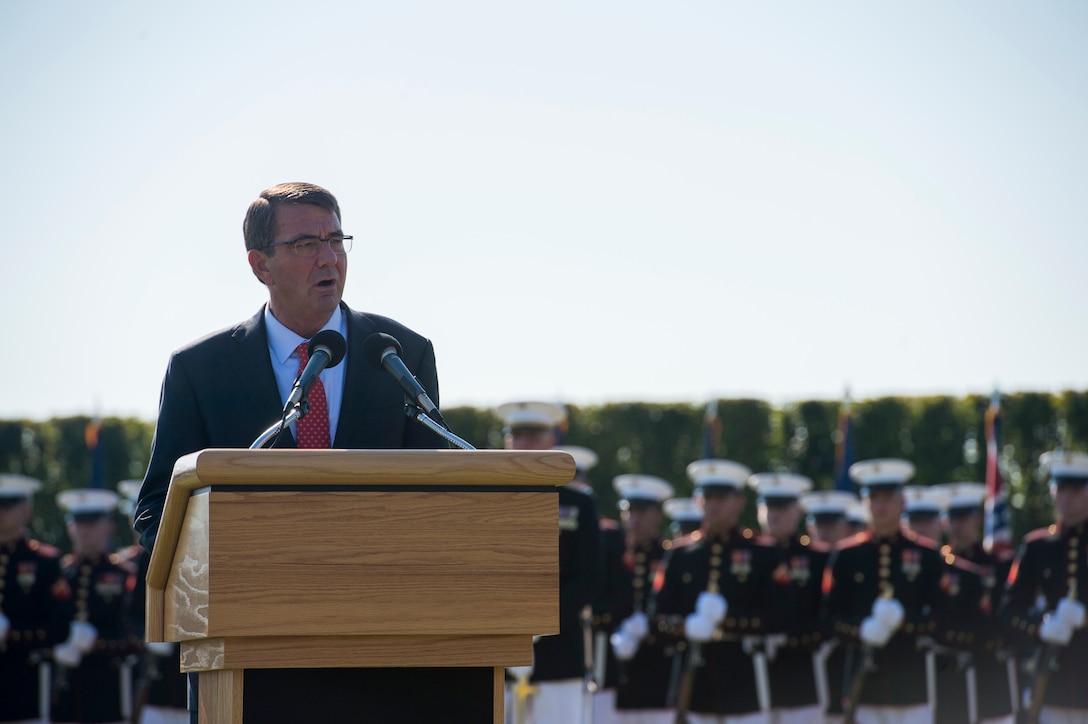 Defense Secretary Ash Carter delivers remarks during the Prisoner of War, Missing in Action National Recognition Day ceremony at the Pentagon, Sept. 18, 2015.