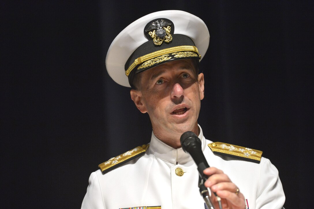 Incoming chief of naval operations, Adm. John Richardson, delivers remarks as he assumes the new role during a change-of-office ceremony at the U.S. Naval Academy in Annapolis, Md., Sept. 18, 2015. DoD Photo by Glenn Fawcett