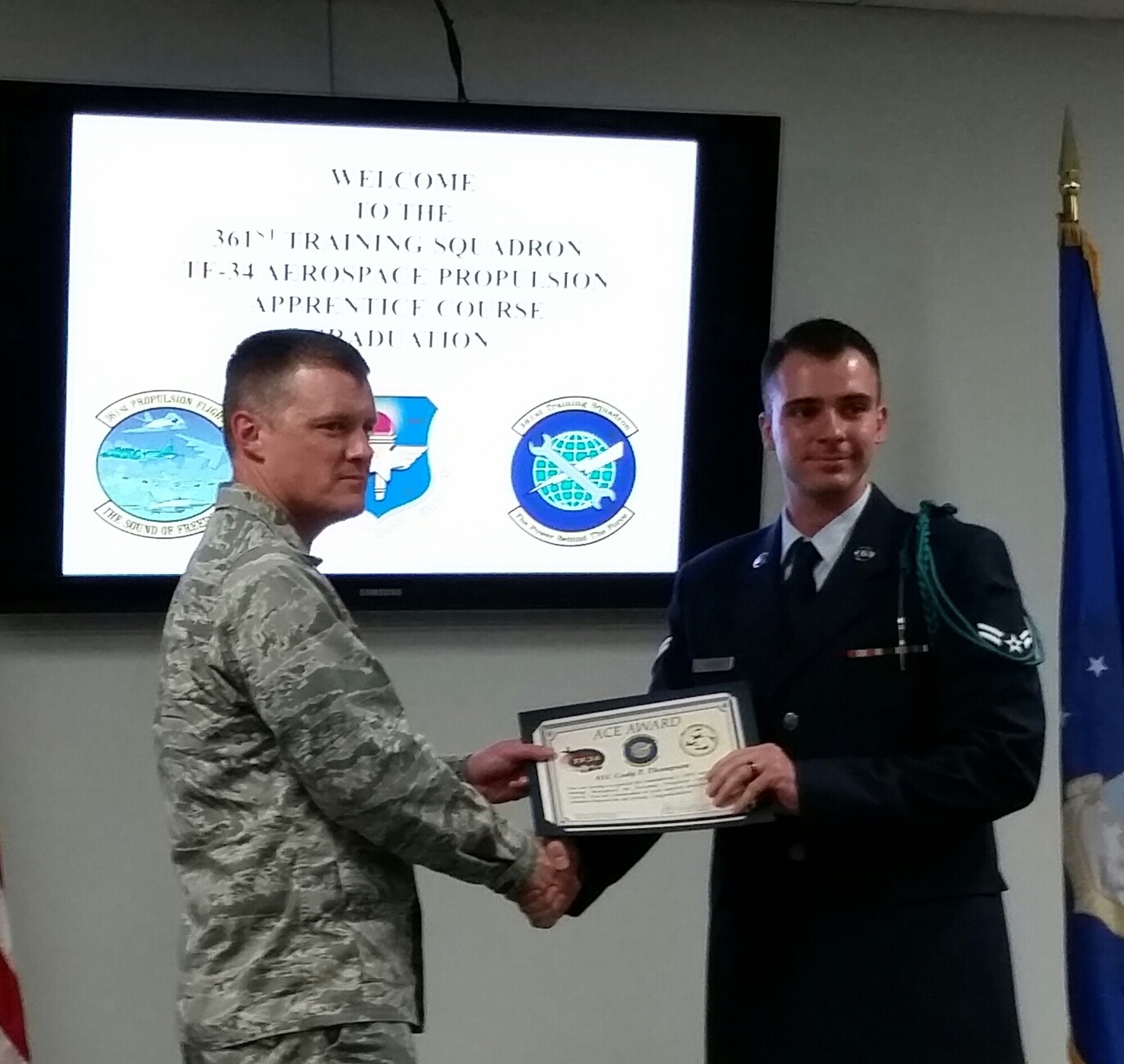 Airman 1st Class Cody Thompson, 361st Training Squadron, is an ACE award recipient for the aerospace propulsion apprentice course at Sheppard Air Force Base, Texas, Sept. 11, 2015. Thompson received the ACE award from scoring 100 percent on all test material. (U.S. Air Force courtesy photo/Released)
