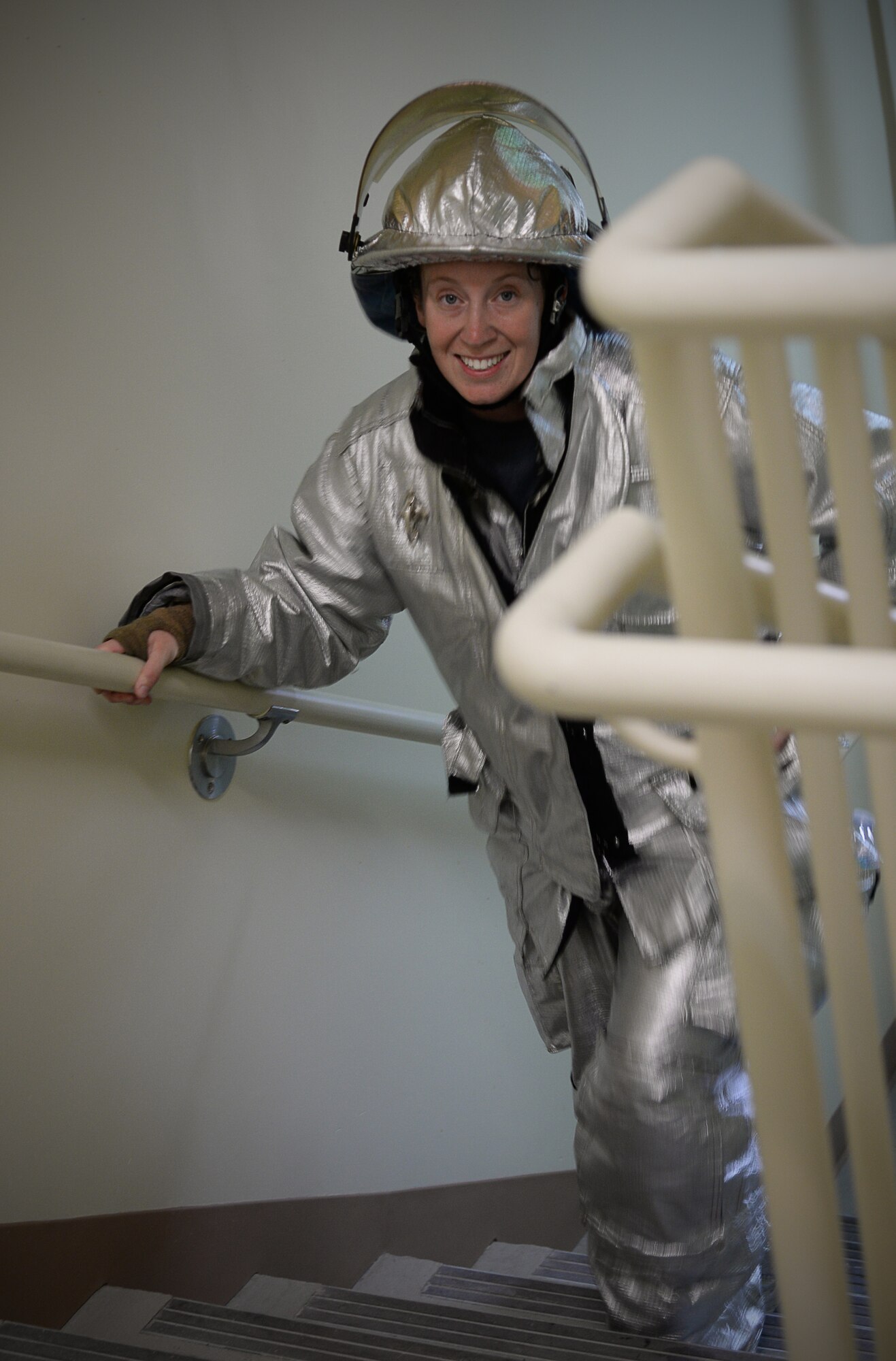 Staff Sgt. Sabrina Nicholson, 51st Civil Engineer Squadron firefighter, climbs stairs during the 9/11 memorial stair climb Sept. 11, 2015, at Osan Air Base, Republic of Korea. Twenty-five Airmen made the 110-story climb to honor the 343 firefighters who died in the World Trade Center on Sept. 11, 2001. (U.S. Air Force photo/Tech. Sgt. Travis Edwards)