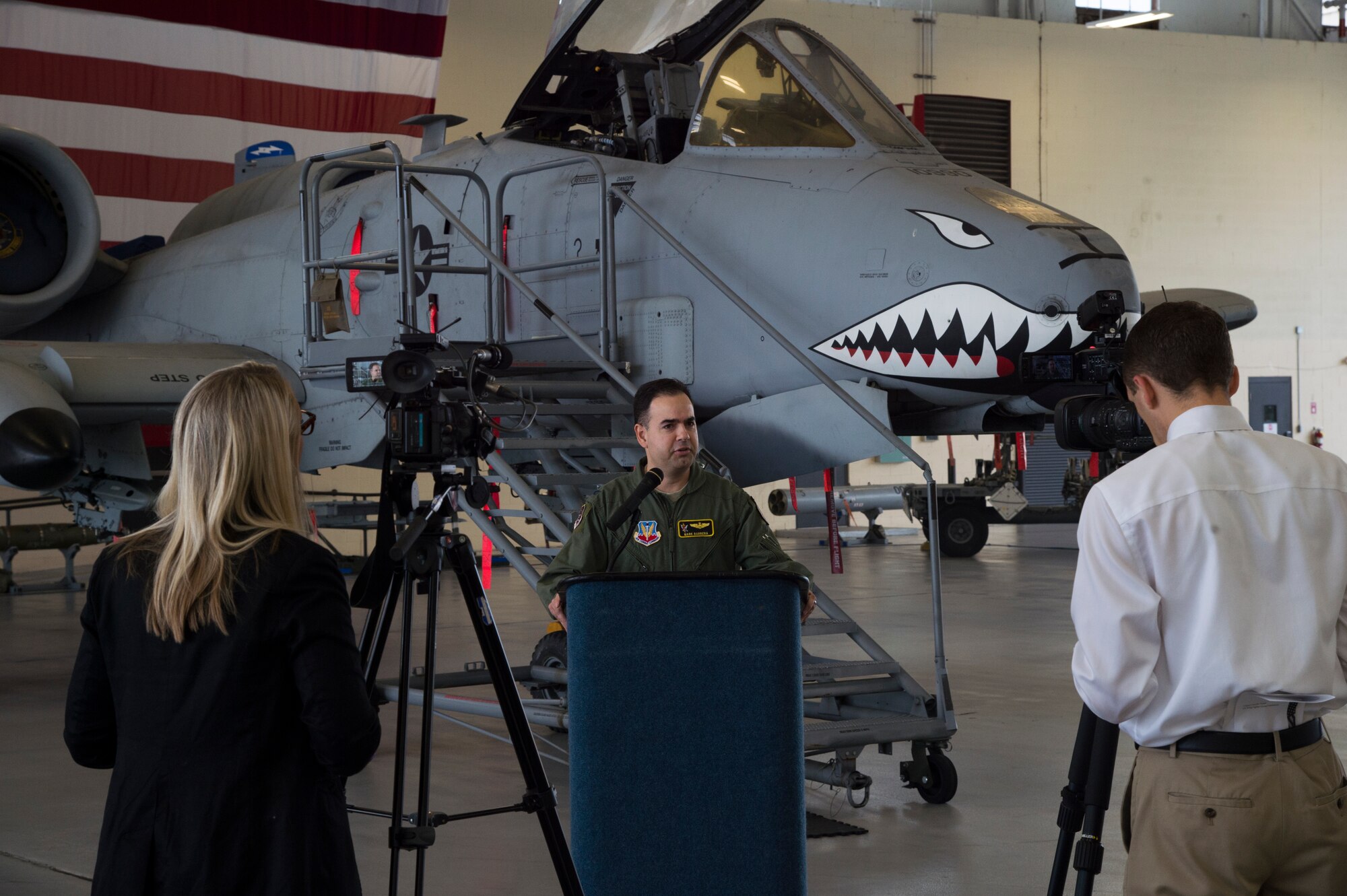 U.S. Air Force Col. Mark Barrera, 23d Wing vice commander, addresses a group of local reporters during the 74th Fighter Squadron’s media day, Sept. 18, 2015, at Moody Air Force Base, Ga. The 74th FS is sending A-10C Thunderbolt IIs as part of a Theater Security Package to northwest Europe in support for Operation Atlantic Resolve. (U.S. Air Force photo/Staff Sgt. Eric Summers Jr./Released)