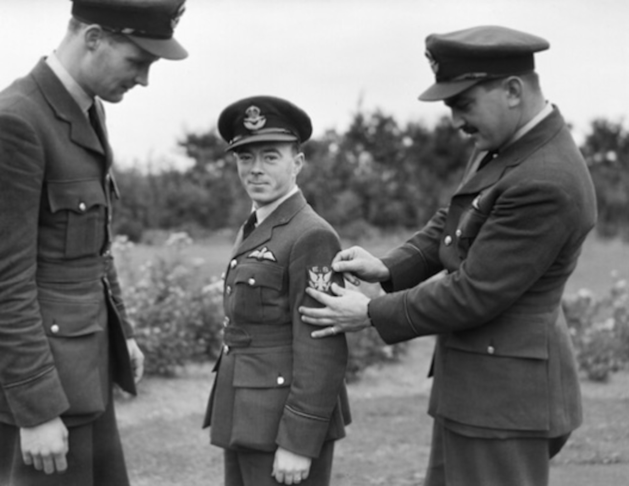 Eugene Q. Red Tobin, Vernon C. Shorty Keogh, and Andrew Andy Mamedoff, pictured here in 1940. These three were pilot officers and the first American Royal Air Force pilots assigned to No. 71 (Eagle) Squadron. (Photo courtesy of the 99th Air Base Wing Historian’s Office)