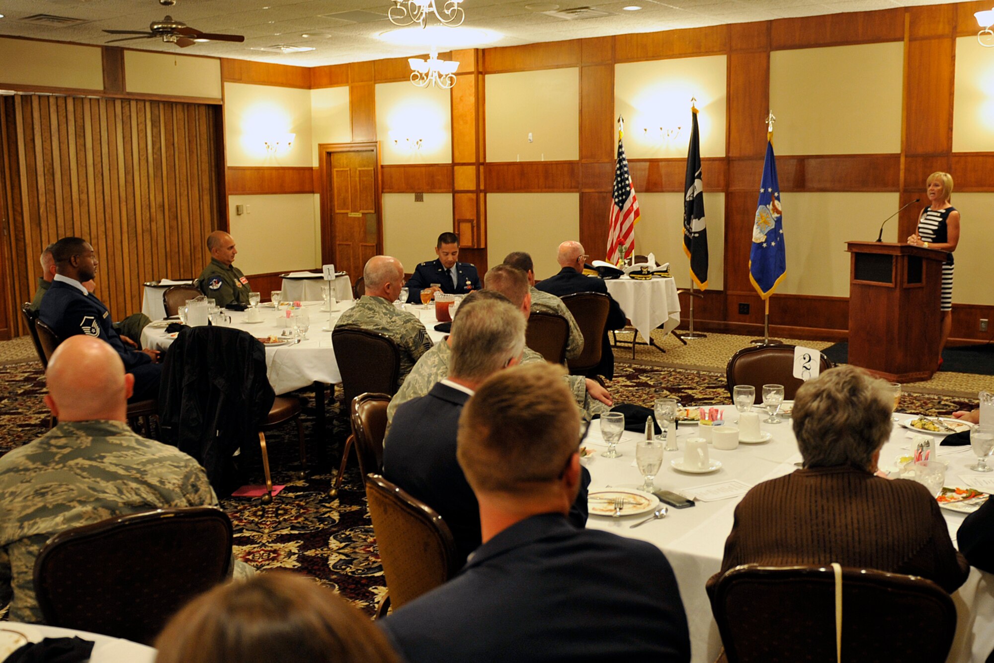 Noala Fritz, mother of U.S. Army 1st Lt. Jacob Fritz, who was POW killed in action in Karbala, Iraq, speaks to attendees of the Air Force Sergeant’s Association's Prisoner of War/Missing in Action Remembrance Ceremony Sept. 19 at the Patriot Club. Fritz has two other sons who also serve in the U.S. Army. (U.S. Air Force photo by Jeff Gates)
