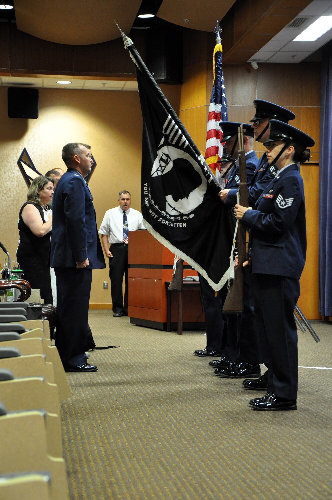 Members of Team Offutt take part in the Prisoner of War/Missing in Action Remembrance Ceremony at the 557th Weather Wing Sept. 19. This day, observed on the third Friday in September every year, was authorized by Congress in 1971 and honors POW/MIAs and their families.  (U.S. Air Force photo by Staff Sgt. Rachelle Blake)