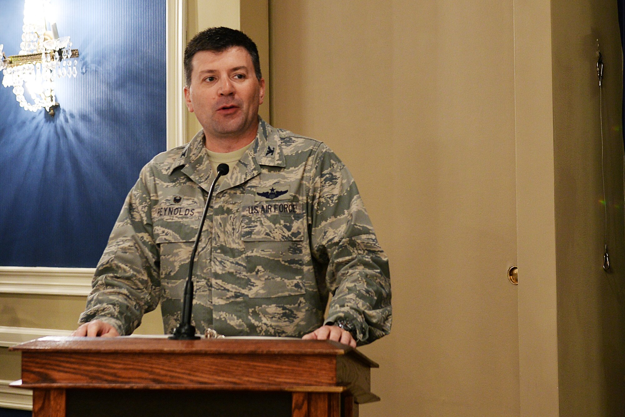 U.S. Air Force Col. Marty Reynolds, 55th Wing commander, gives opening remarks during the U.S. Air Force 68th birthday celebration inside the Patriot Club, Offutt Air Force Base, Neb., Sept. 17. The Air Force is the youngest of all five services, it became a separate service on Sept. 18, 1947 after President Harry S. Truman signed the National Security Act of 1947.
