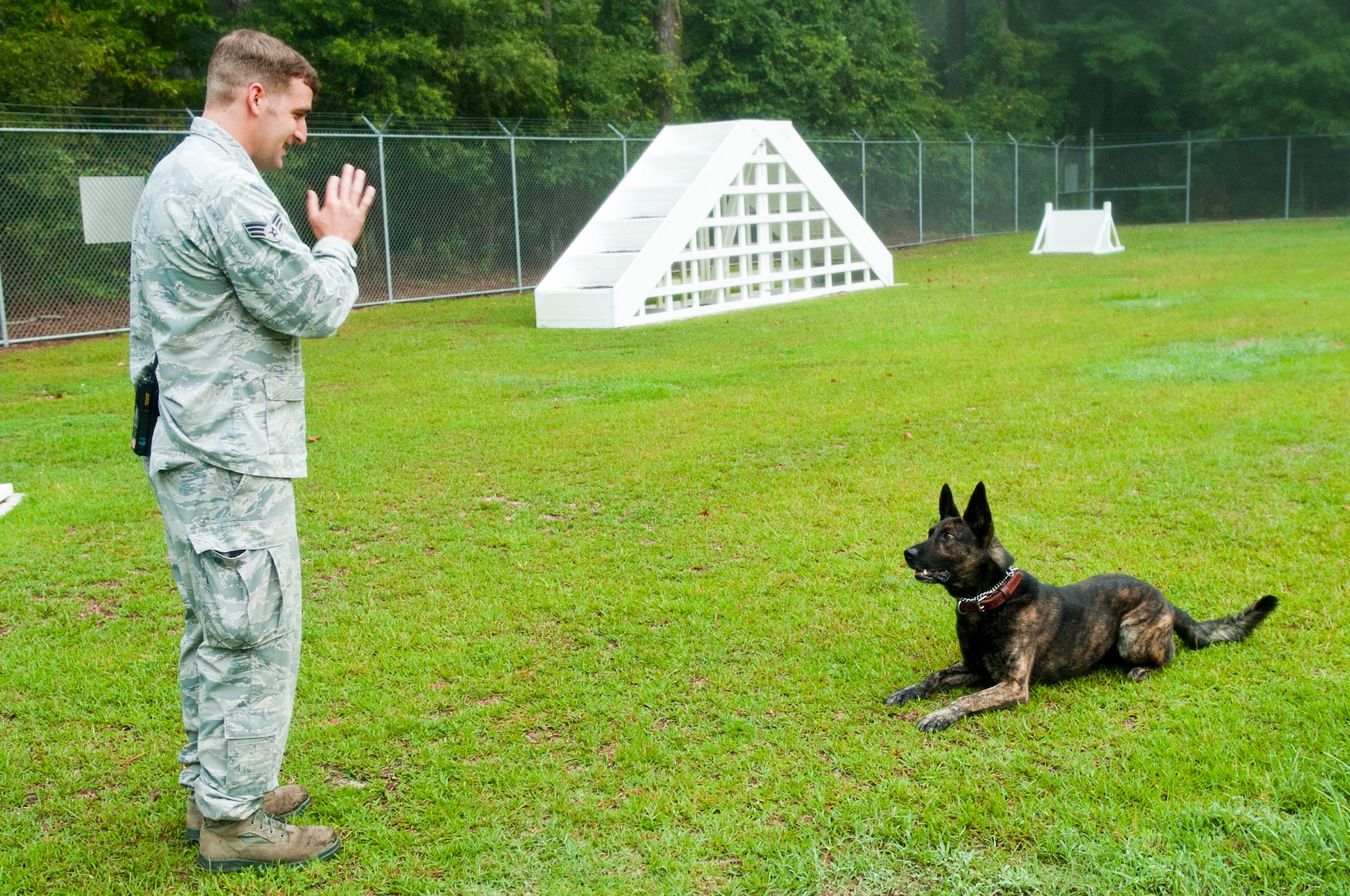 Senior Airman Austin Craven, 4th Security Forces Squadron military working dog handler, gets ready to perform line drills with MWD Ronni, Sept. 8, 2015, at Seymour Johnson Air Force Base, North Carolina. Performing these types of drills is just one of a variety of training components that Craven and Ronni perform together to both enhance their job skills and their bond as partners. (U.S. Air Force photo/Airman 1st Class Shawna L. Keyes)