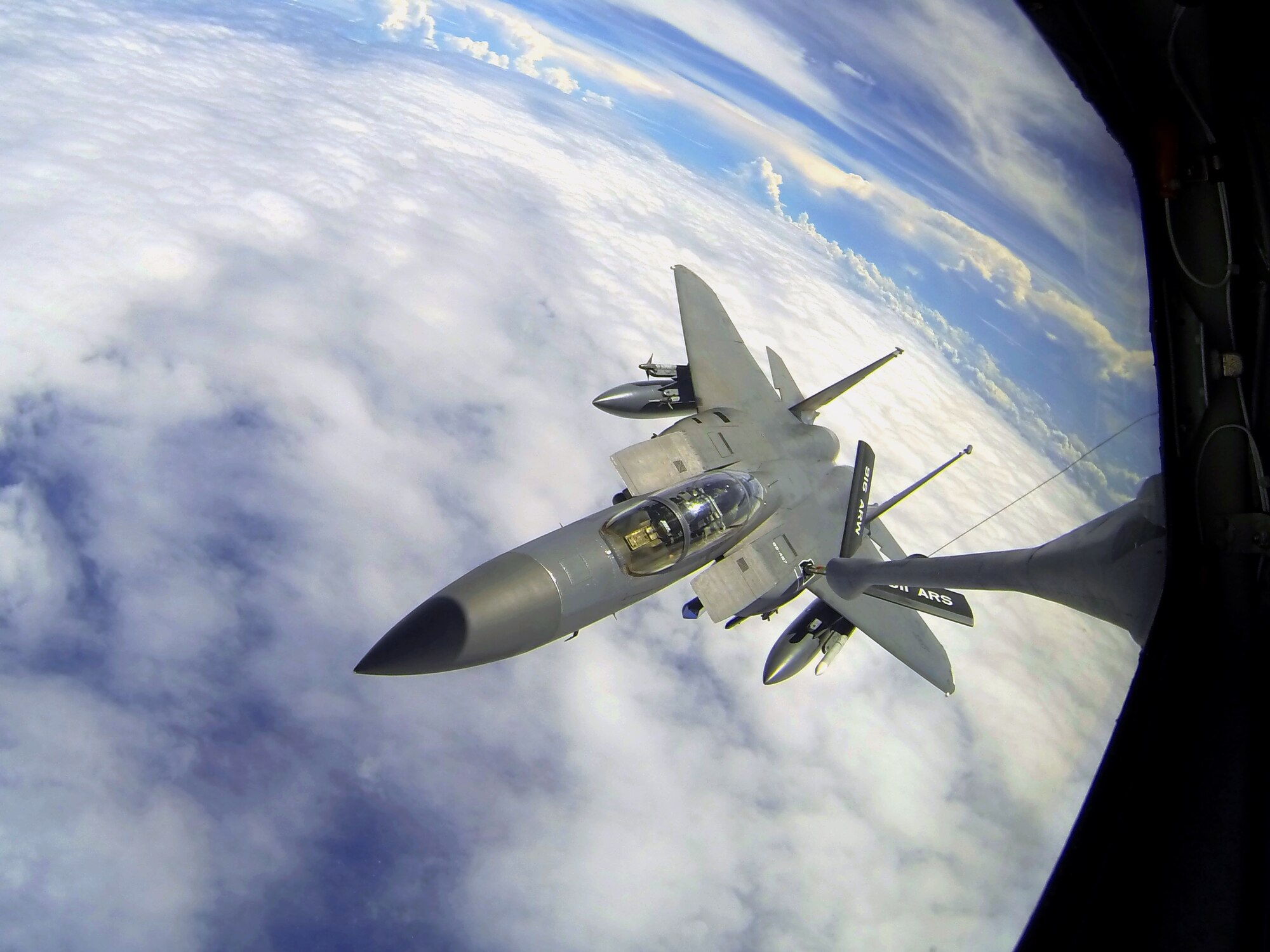 A 916th Air Refueling Wing KC-135R Stratotanker extends its boom to refuel a 4th Fighter Wing F-15E Strike Eagle during Exercise Razor Talon, Sept. 11, 2015. Razor Talon is a home-grown initiative at Seymour Johnson Air Force Base, North Carolina, which partners units along the East Coast in an effort to promote the air-sea battle concept. (U.S. Air Force photo/Master Sgt. Wendy Lopedote)