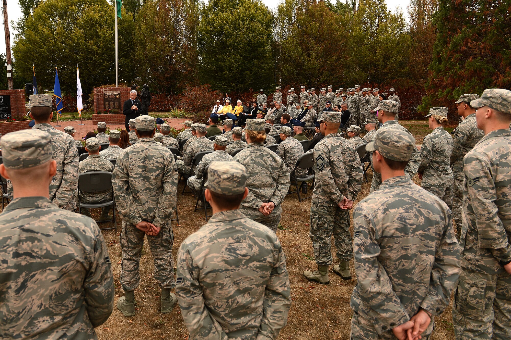 Retired Lt. Col. Barry Bridger, former prisoner of war, gives a speech, Sept.16, 2015, at Joint Base Lewis-McChord, Wash., during the POW/MIA. Bridger spent six years as a POW in a Vietnam prison camp from 1967 to 1973. (U.S Air Force photo/Staff Sgt. Tim Chacon)