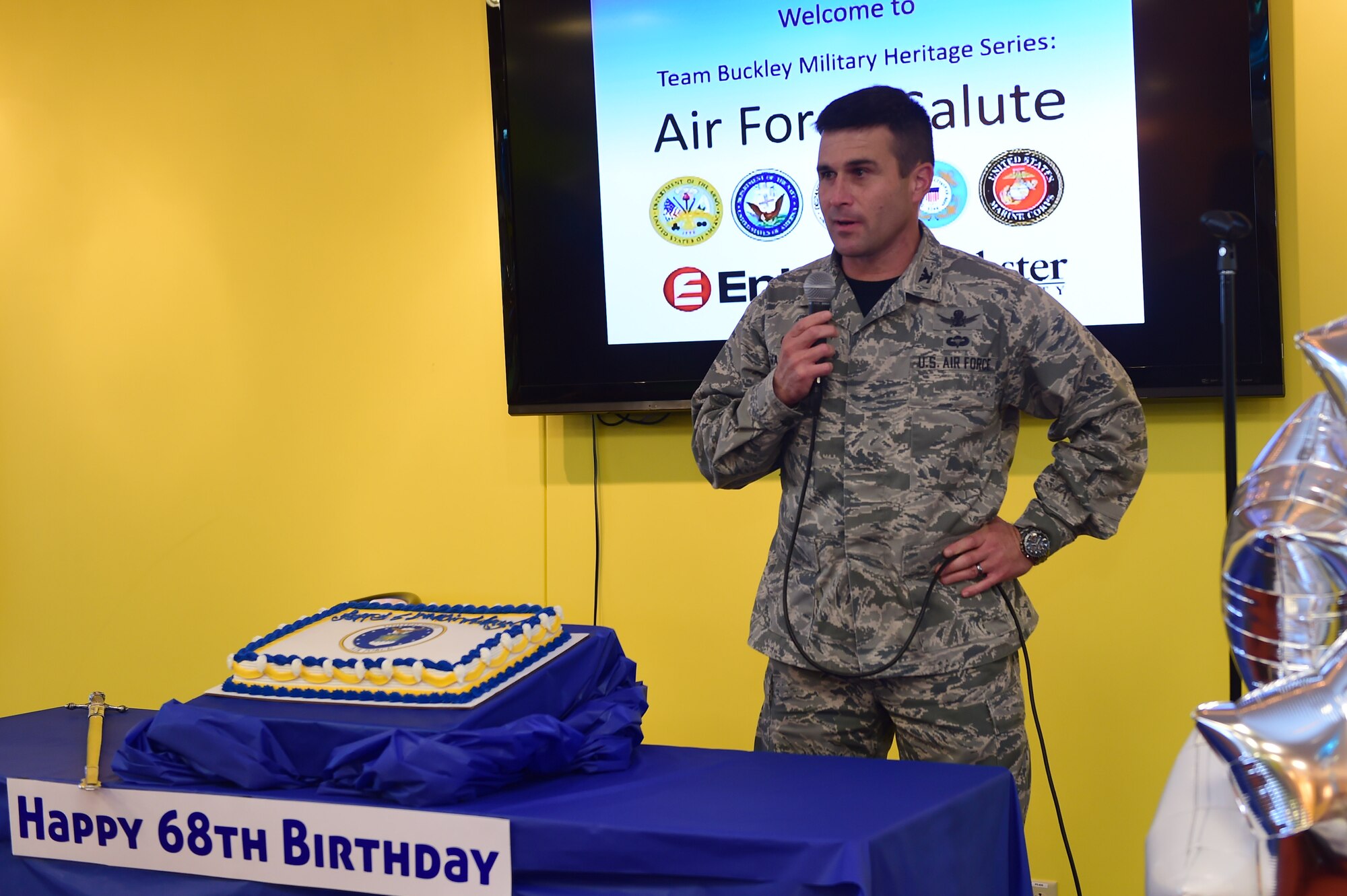 Col. John Wagner, 460th Space Wing commander, speaks on the history and trajectory of the Air Force during an Air Force birthday celebration Sept. 18, 2015, on Buckley Air Force Base, Colo. Team Buckley celebrated the 68th birthday of the Air Force and reflected on how the Air Force began and where it is going. (U.S. Air Force photo by Airman 1st Class Luke W. Nowakowski/Released)