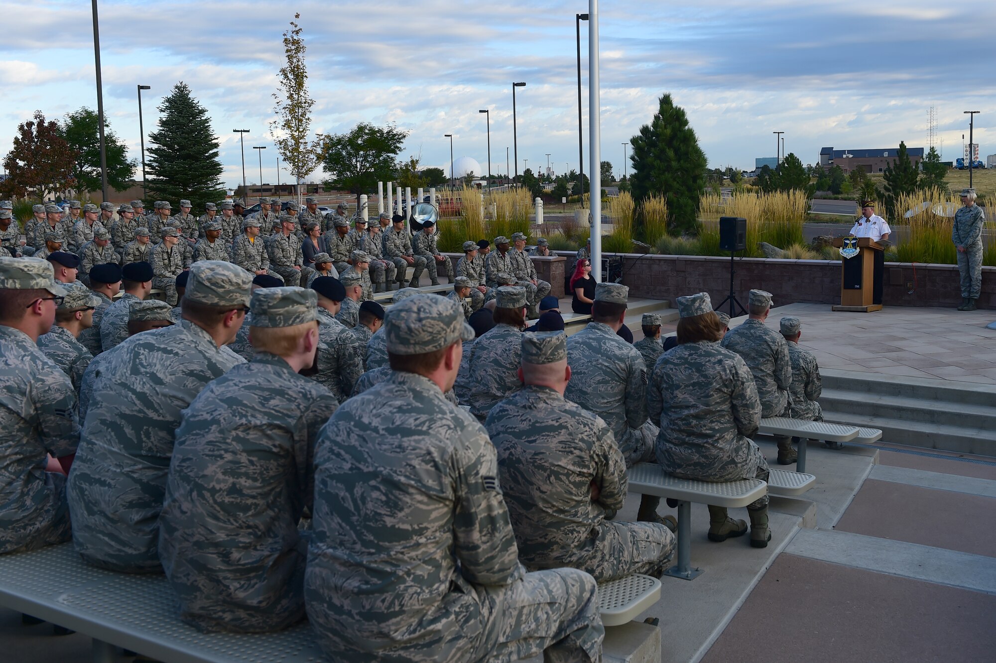 Team Buckley held a ceremony honoring military prisoners of war and those missing action Sept. 18, 2015, on Buckley Air Force Base, Colo. The ceremony recognized those who have had to endure enemy captivity and those who never made it back home after a conflict. The guest of honor, retired Tech. Sgt. Jasper Page was a POW during the Vietnam War but escaped captivity and was able to make it back to American positions safely. (U.S. Air Force photo by Airman 1st Class Luke W. Nowakowski/Released)