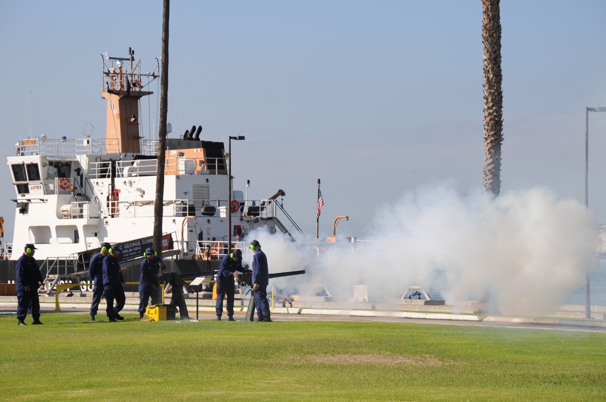 Coast Guardsmen fire off a cannon round near the U.S. Coast Guard Cutter George Cobb (WLM-564) Sept. 17 at the start of the POW/MIA torch relay run. Runners started a 24-hour, 154 mile long route from U.S. Coast Guard Base Los Angeles-Long Beach on Terminal Island in the Port of San Pedro to the Space and Missile Systems Center's Schriever Space Complex at Los Angeles Air Force Base in El Segundo, Calif. (U.S. Air Force photo/Van Ha)