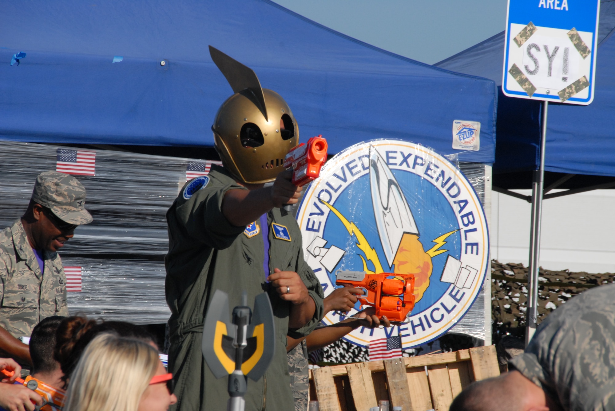 “The Rocketeer” time-warps in from the 1940s to help defend the Space and Missile Systems Center’s Evolved Expendable Launch Vehicle tent during a mock “Code Red” firefight at the SMC Dining Out at Los Angeles Air Force Base in El Segundo, Calif. (U.S. Air Force photo/Jim Spellman)
