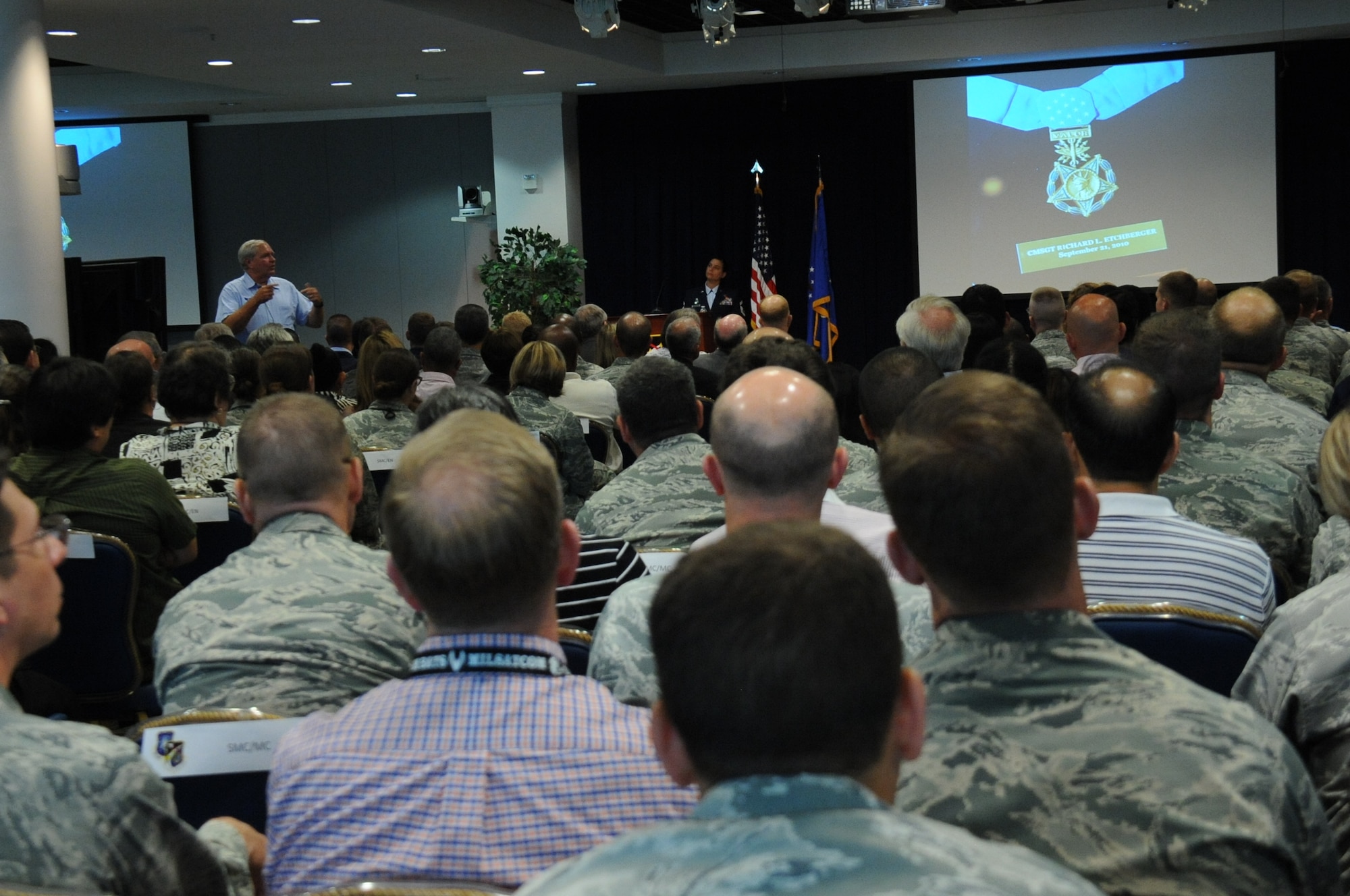 Mr. Cory Etchberger, son of Medal of Honor recipient Chief Master Sgt. Richard Etchberger, reflects on the sacrifice of people like his father who have made U.S. Air Force what it is today during a celebration of the Air Force’s 68th Birthday Sept. 18 in the Schriever Space Complex's Gordon Conference Center at Los Angeles Air Force Base in El Segundo, Calif. (U.S. Air Force photo/Van De Ha)