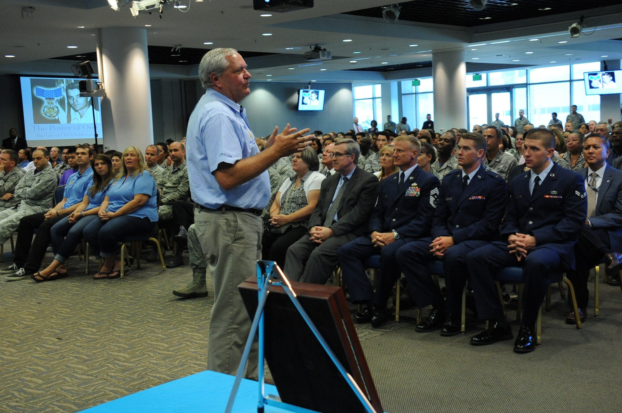 Mr. Cory Etchberger, son of Medal of Honor recipient Chief Master Sgt. Richard Etchberger, addresses the audience inside the Schriever Space Complex's Gordon Conference Center during a celebration of the Air Force's 68th Birthday Sept. 18 at Los Angeles Air Force Base in El Segundo, Calif. (U.S. Air Force photo/Van De Ha)