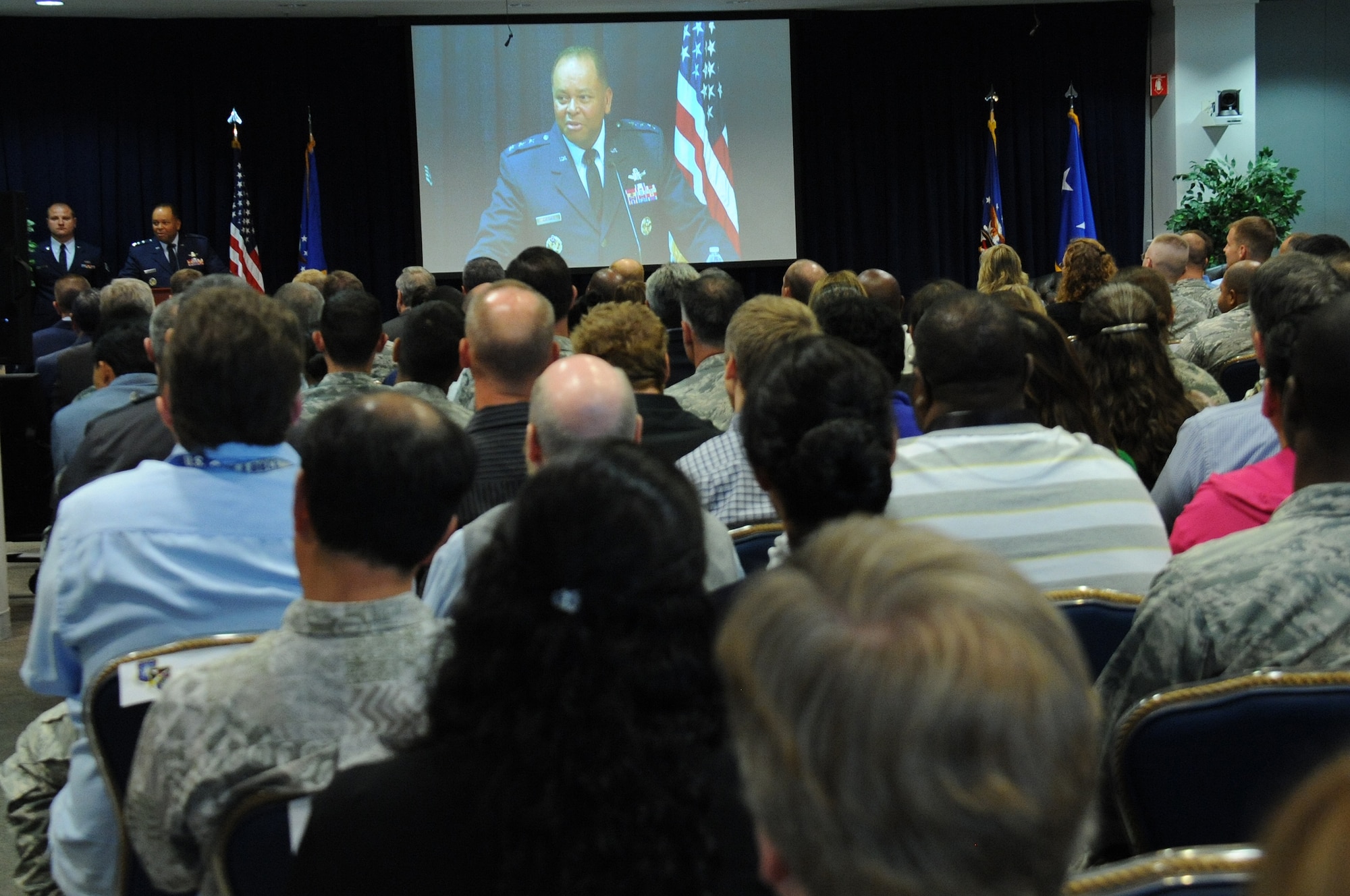 Lt. Gen. Samuel Greaves, commander of the Space and Missile Systems Center and Air Force Program Executive Officer for Space, addresses the audience inside the Schriever Space Complex's Gordon Conference Center during a celebration of the Air Force's 68th Birthday Sept. 18 at Los Angeles Air Force Base in El Segundo, Calif. (U.S. Air Force photo/Van De Ha)