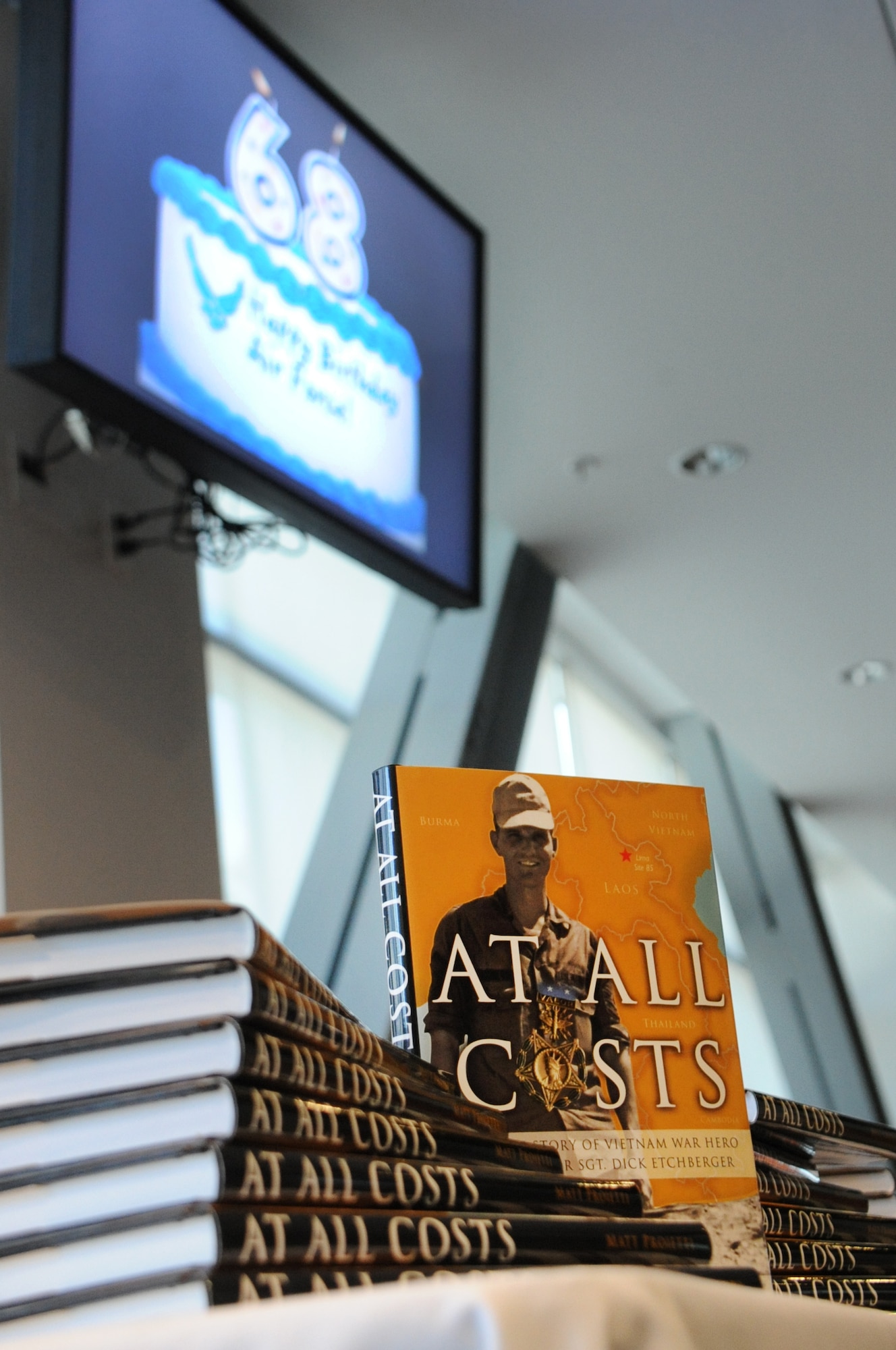 A book detailing the life of Chief Master Sgt. Richard Etchberger, recipient of the Medal of Honor on display inside the Schriever Space Complex's Gordon Conference Center in celebration of the Air Force's 68th Birthday Sept. 18 at the Space and Missile Systems Center, Los Angeles Air Force Base in El Segundo, Calif. (U.S. Air Force photo/Van De Ha)
