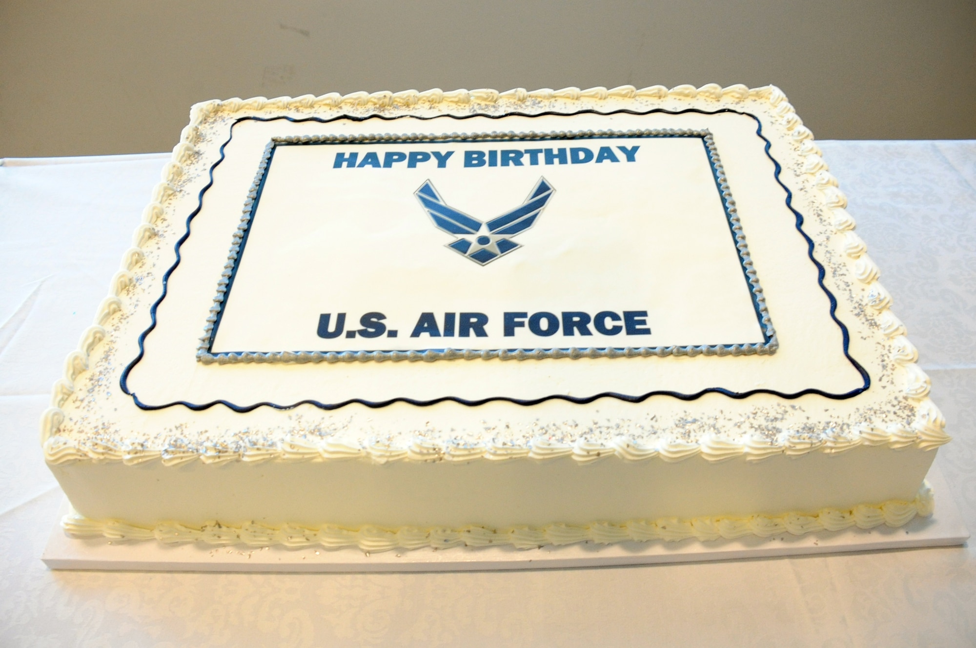 A ceremonial cake prepares to be cut to celebrate the Air Force's 68th Birthday Sept. 18 in the Schriever Space Complex's Gordon Conference Center at the Space and Missile Systems Center, Los Angeles Air Force Base in El Segundo, Calif. (U.S. Air Force photo/Van De Ha)