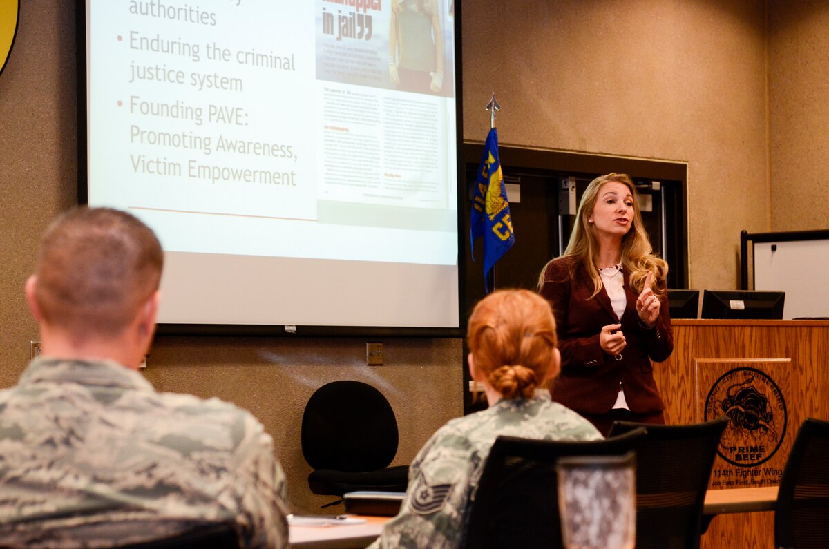Angela Rose, founder of Promoting Awareness | Victim Empowerment, speaks in front of members of the South Dakota Air and Army National Guard and other members of the community at Joe Foss Field, S.D. Sept. 10, 2015. Her presentation was part of the training for Sexual Assault Response Coordinators and Victim’s Advocates. (National Guard photo by Senior Airman Duane Duimstra/Released)