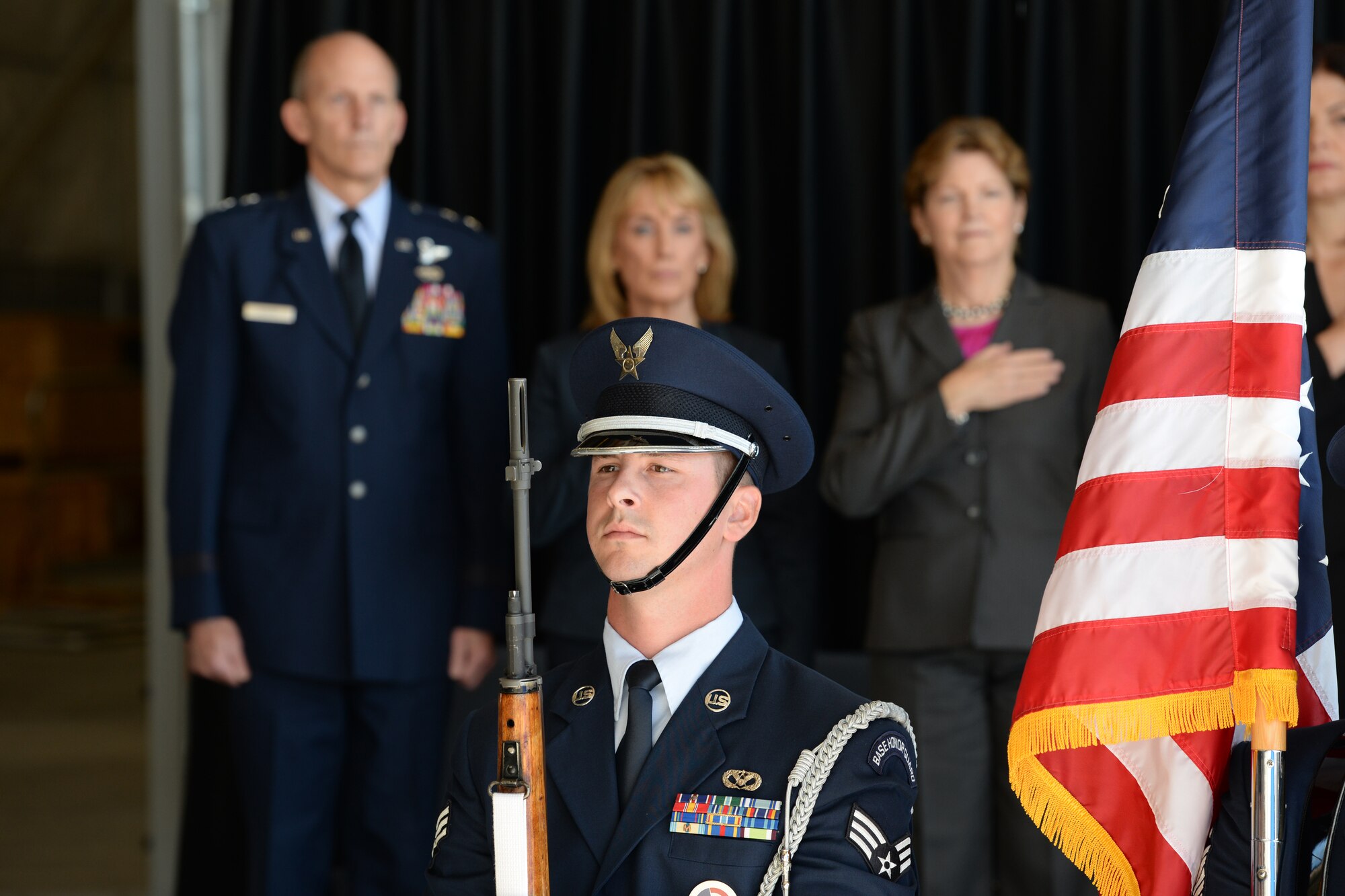 An Airman from the 157th Air Refueling Wing stands at attention during the hangar expansion groundbreaking ceremony, Pease Air National Guard Base, N.H., Sept. 18, 2015. (U.S. Air National Guard photo by Staff Sgt. Curtis J. Lenz)