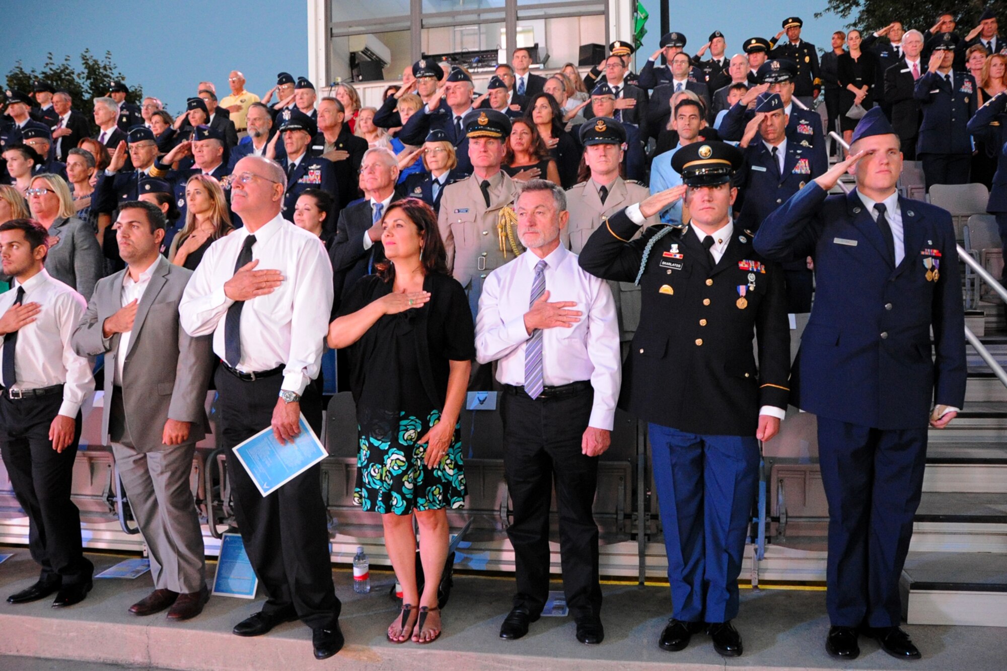 Oregon National Guard Army Spc. Alek Skarlatos and Airman 1st Class Spencer Stone attend the United States Air Force Tattoo on Sept. 17, 2015. The Air Force District of Washington commemorated the United States Air Force's 68th birthday September 17, 2015 with a celebration of music, drill and ceremony, aircraft, and fireworks on the Air Force Ceremonial Lawn at Joint Base Anacostia-Bolling The event included flyovers of several aircraft that included the Air Force Thunderbirds and a Warbird vintage aircraft squadron, as well as performances by the Air Force Band and Honor Guard. (U.S. Air Force photo/Staff Sgt. Matt Davis)