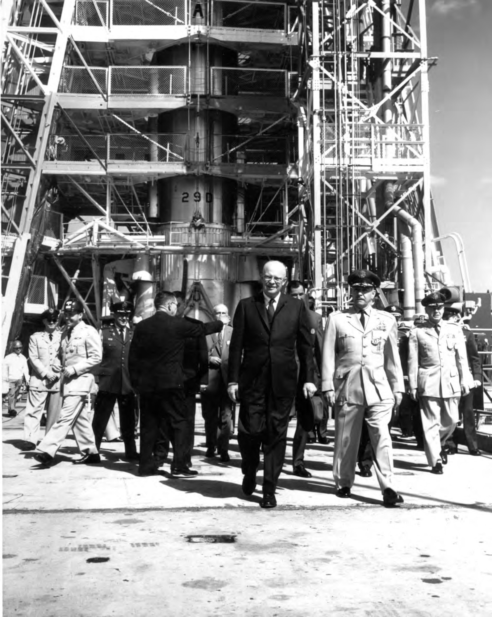 President Dwight D. Eisenhower visits the Eastern Test Range at Cape Canaveral, Fla. in 1960 as the Atlas D29 is being prepared for launch of MIDAS 1, part of the Weapon System 117L. The MIDAS program aimed at developing a satellite that would carry an infrared sensor to detect hostile ICBM launches. Although the first MIDAS satellite failed to achieve orbit in February 1960, a MIDAS satellite under a subsequent test program AFP461 was successfully launched on May 9, 1963. It operated long enough to detect nine missile launches, thereby contributing to the series of test flights which served to demonstrate the system's increasing reliability and longevity. (U.S. Air Force photo)
