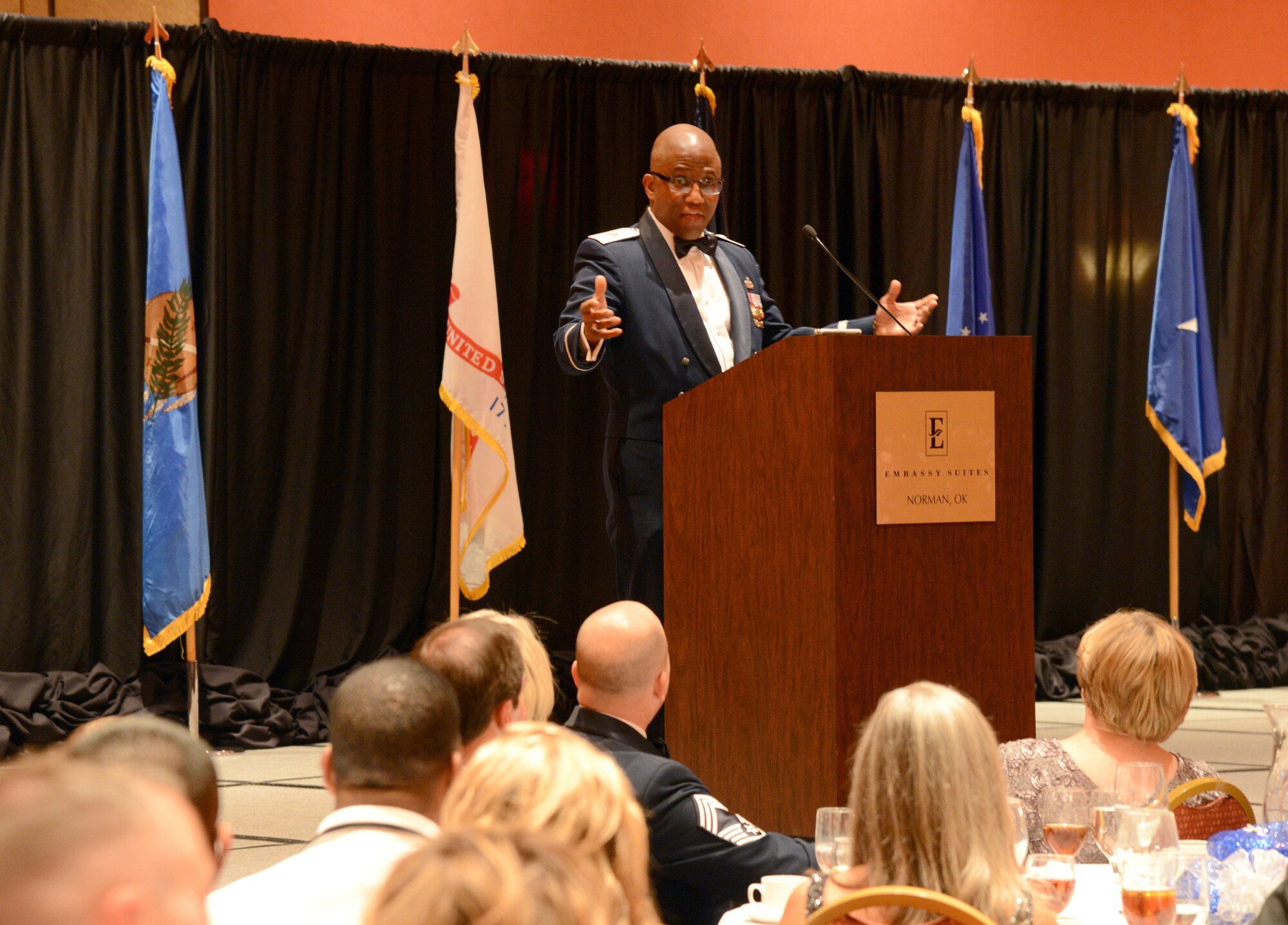 Brig. Gen. Allen Jamerson, director of Security Forces and deputy chief of staff for Logistics, Engineering and Force Protection at Headquarters U.S. Air Force, speaks to more than 600 attendees at the Air Force Ball Sept. 12 in Norman. General Jamerson mentioned the things he loved about Tinker Air Force Base during his time as the 72nd Air Base Wing commander from July 2008 to June 2010. (Air Force photo by Kelly White/Released)