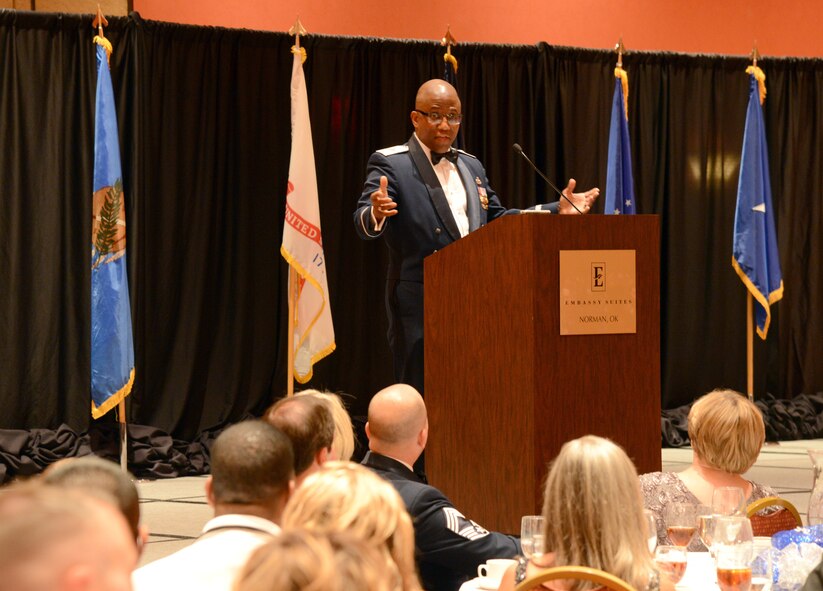 Brig. Gen. Allen Jamerson, director of Security Forces and deputy chief of staff for Logistics, Engineering and Force Protection at Headquarters U.S. Air Force, speaks to more than 600 attendees at the Air Force Ball Sept. 12, 2015, in Norman, Oklahoma. Jamerson mentioned the things he loved about Tinker Air Force Base during his time as the 72nd Air Base Wing commander from July 2008 to June 2010. (U.S. Air Force photo/Kelly White) 