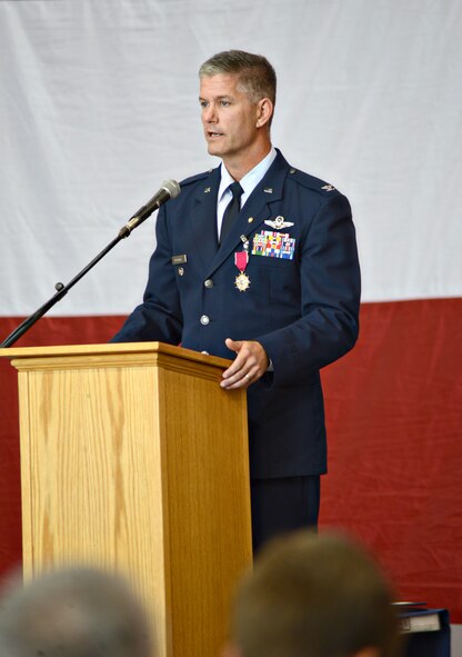 Col. Brian Humphrey thanks numerous friends, family members, co-workers and mentors during his Sept. 11 retirement ceremony. Col. Bradley Bird will succeed Colonel Humphrey as the 552nd Air Control Wing’s vice commander. (Air Force photo by Kelly White/Released)