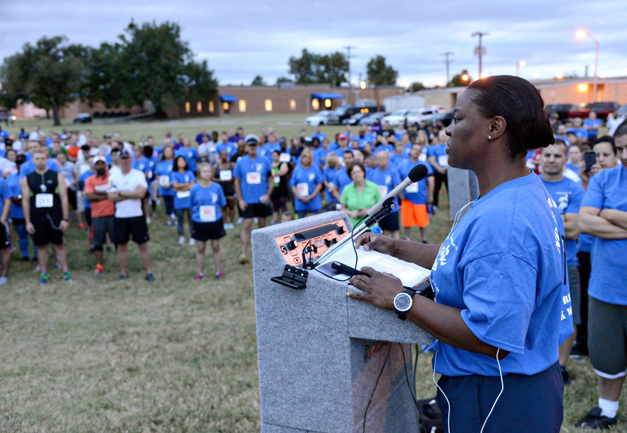 Col. Stephanie Wilson, 72nd Air Base Wing commander, gives opening remarks at the “No Greater Love”-themed spiritual fitness 5K/2K run/walk on the morning of Sept. 11. The Tinker Chaplain Corps, along with Health Promotion and Mental Health, sponsored the event that aimed for the participants to focus on remembering the attacks on the country 14 years ago and to celebrate why they serve in the military. The theme was based on the scripture from the New Testament, John 15:13: “No one has greater love than this, to lay down one’s life for one’s friends.” (Air Force photo by Kelly White/Released)