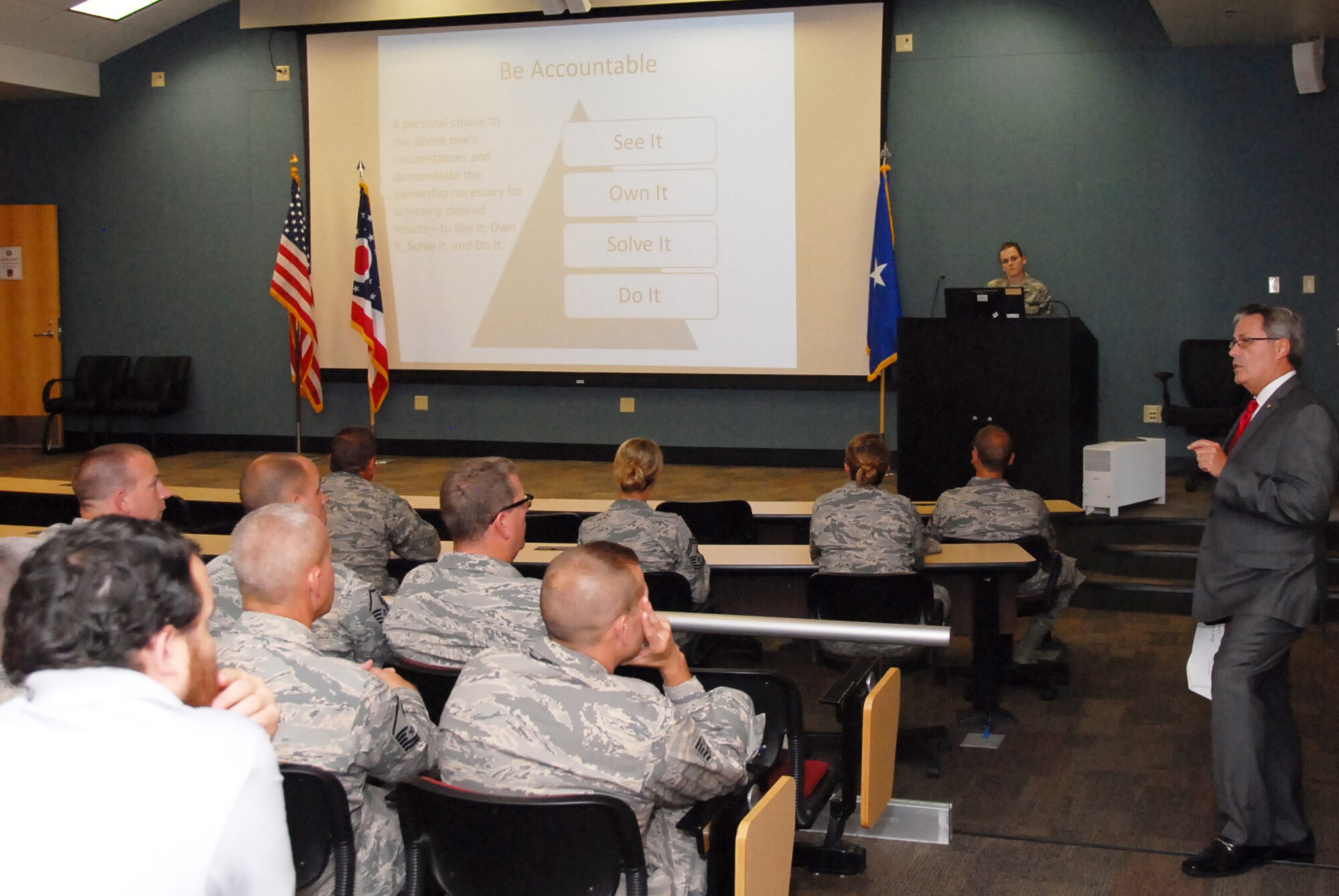 Retired Brig. Gen. Robert L. Boggs, the Deputy Director of the People and Culture Directorate, provides insight on what it takes to be a leader during the Airman NCO Council meeting at Springfield Air National Guard Base in Ohio, Sept. 12, 2015. Boggs discussed his steps to success and answered questions from 178th Wing Airmen in the audience. (Ohio Air National Guard photo by Airman Rachel Simones/Released)