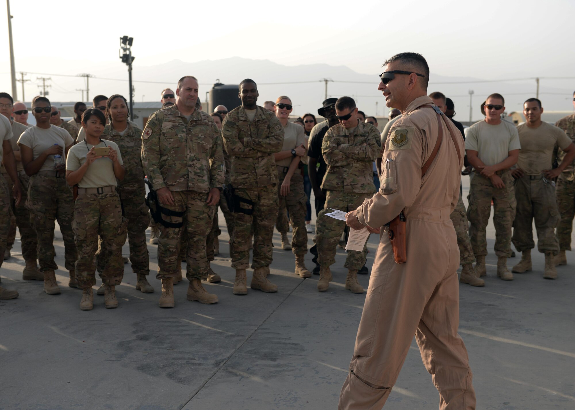 U.S. Air Force Brig. Gen. David Julazadeh, 455th Air Expeditionary Wing commander, gives a speech before a cake cutting during a block party held in honor of the Air Force’s 68th birthday Sept. 18, 2015, at Bagram Airfield, Afghanistan. The block party which was hosted by the Armed Forces Committed to Excellence council, the 455th Force Support Squadron and other private organizations featured games, food and an Air Force tradition cake cutting ceremony. (U.S. Air Force photo by Senior Airman Cierra Presentado/Released)
