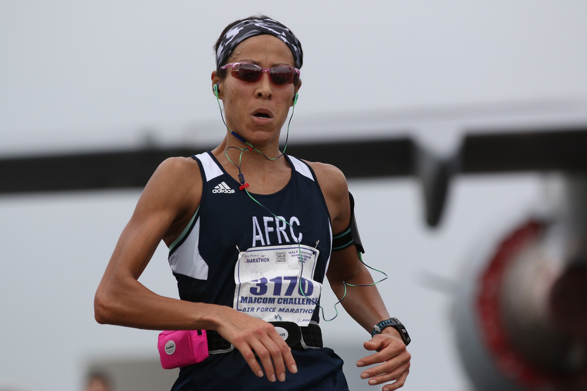 WRIGHT-PATTERSON AIR FORCE BASE - Ohio
Maj. Christina Hopper, Vance Air Force Base, Oklahoma, 5th Fighter Squadron instructor pilot, crosses the finish line at the U.S. Air Force Marathon Sept, 19, 2015 with a time of 1:35:53. Hopper, a member of the Air Force Reserve Command MAJCOM Challenge Team, placed first in her division. The team consisted of traditional reservists, air reserve technicians, individual mobilization augmentees and Air Guard Reserve members. The MAJCOM challenge included six Airmen participating in the half marathon and four in the full marathon. 