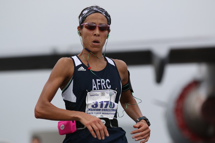 WRIGHT-PATTERSON AIR FORCE BASE - Ohio
Maj. Christina Hopper, Vance Air Force Base, Oklahoma, 5th Fighter Squadron instructor pilot, crosses the finish line at the U.S. Air Force Marathon Sept, 19, 2015 with a time of 1:35:53. Hopper, a member of the Air Force Reserve Command MAJCOM Challenge Team, placed first in her division. The team consisted of traditional reservists, air reserve technicians, individual mobilization augmentees and Air Guard Reserve members. The MAJCOM challenge included six Airmen participating in the half marathon and four in the full marathon. 