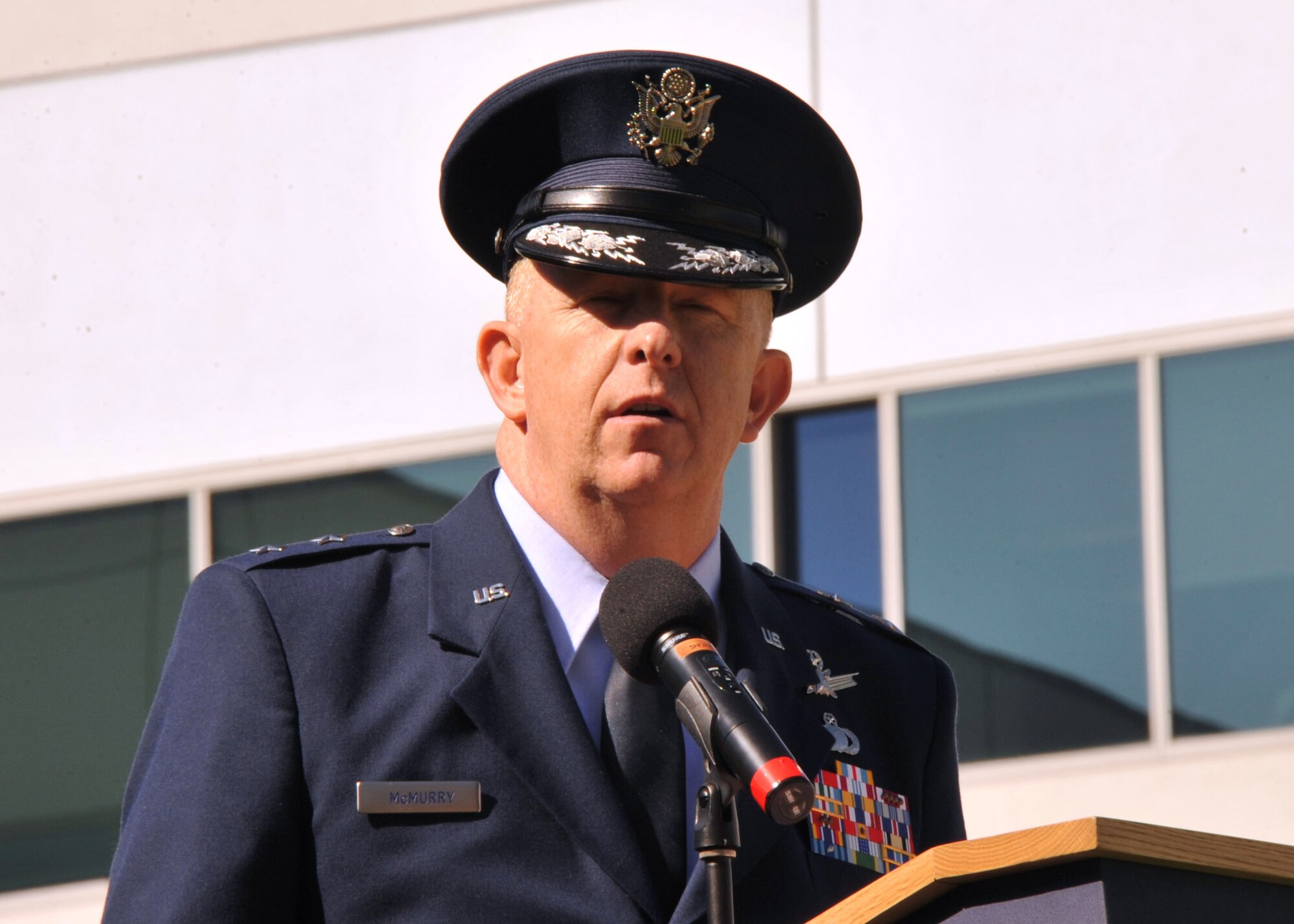Maj. Gen. Robert McMurry, SMC vice commander, addresses the audience during the  the National POW/MIA Recognition Day ceremony at the Space and Missile Systems Center's Schriever Space Complex flagpole at Los Angeles Air Force Base in El Segundo, Calif. (U.S. Air Force photo/Sarah Corrice)