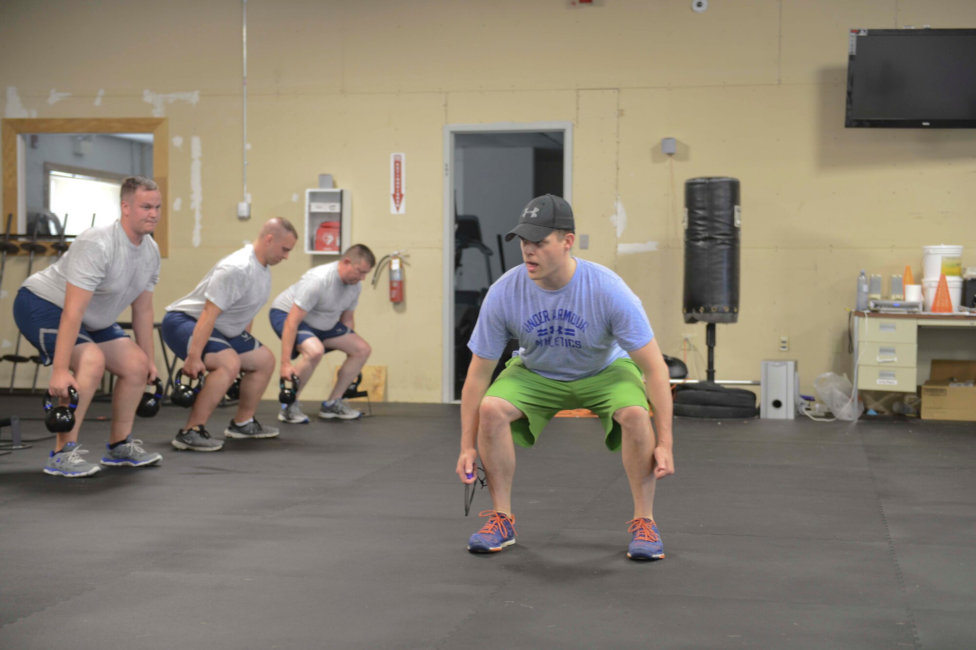 A physical fitnessl training class is held at the base gym during drill weekend at 132d Wing on Sunday, August 2, 2015.  (U.S. Air National Guard photo by Tech. Sgt. Michael B. McGhee/Released)