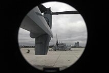 MV-22B Ospreys assigned to Marine Medium Tiltrotor Squadron (VMM) 365, are positioned in preparation for parachute exercises at Marine Corps Air Station New River, N.C., Sept. 1, 2015. VMM-365 transported Marines assigned to Marine Raider Regiment as they conducted the exercises.