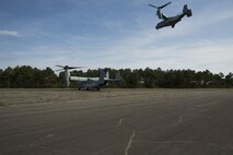 U.S. Marine Corps MV-22B Ospreys assigned to Marine Medium Tiltrotor Squadron (VMM) 365, take off during a casualty evacuation (CASEVAC) drill near Marine Corps Air Station New River, N.C., Sep. 2, 2015. VMM-365 supported Marine Corps Security Force Regiment, Fleet Antiterrorism Security Team Company, Fifth Platoon, by providing a means of quickly evacuating simulated casualties during a CASEVAC drill.
