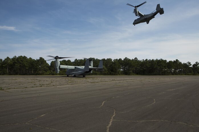 U.S. Marine Corps MV-22B Ospreys assigned to Marine Medium Tiltrotor Squadron (VMM) 365, take off during a casualty evacuation (CASEVAC) drill near Marine Corps Air Station New River, N.C., Sep. 2, 2015. VMM-365 supported Marine Corps Security Force Regiment, Fleet Antiterrorism Security Team Company, Fifth Platoon, by providing a means of quickly evacuating simulated casualties during a CASEVAC drill.